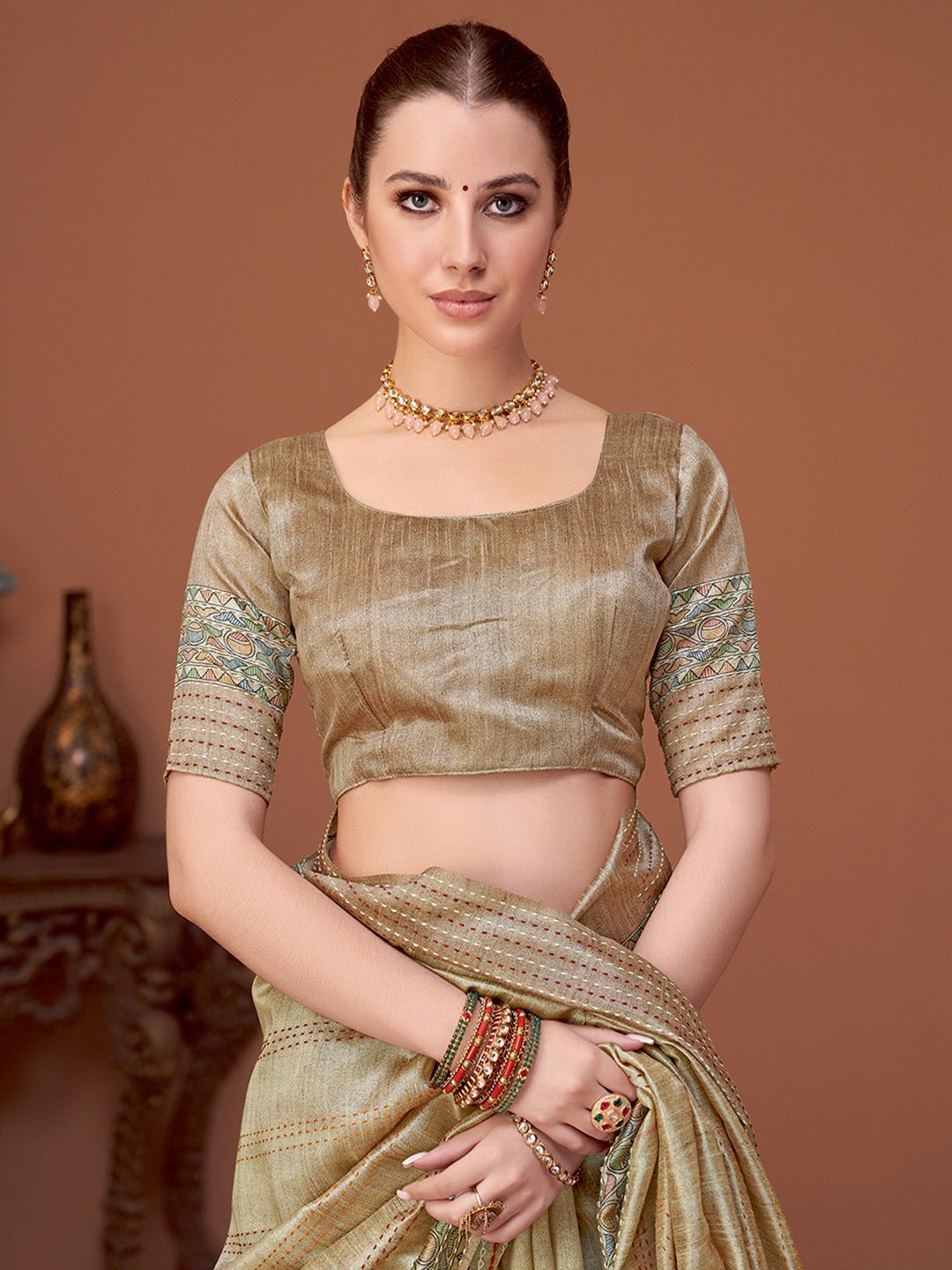 Beige Silk Blend Patola Style Digital Print Saree - Ressa
