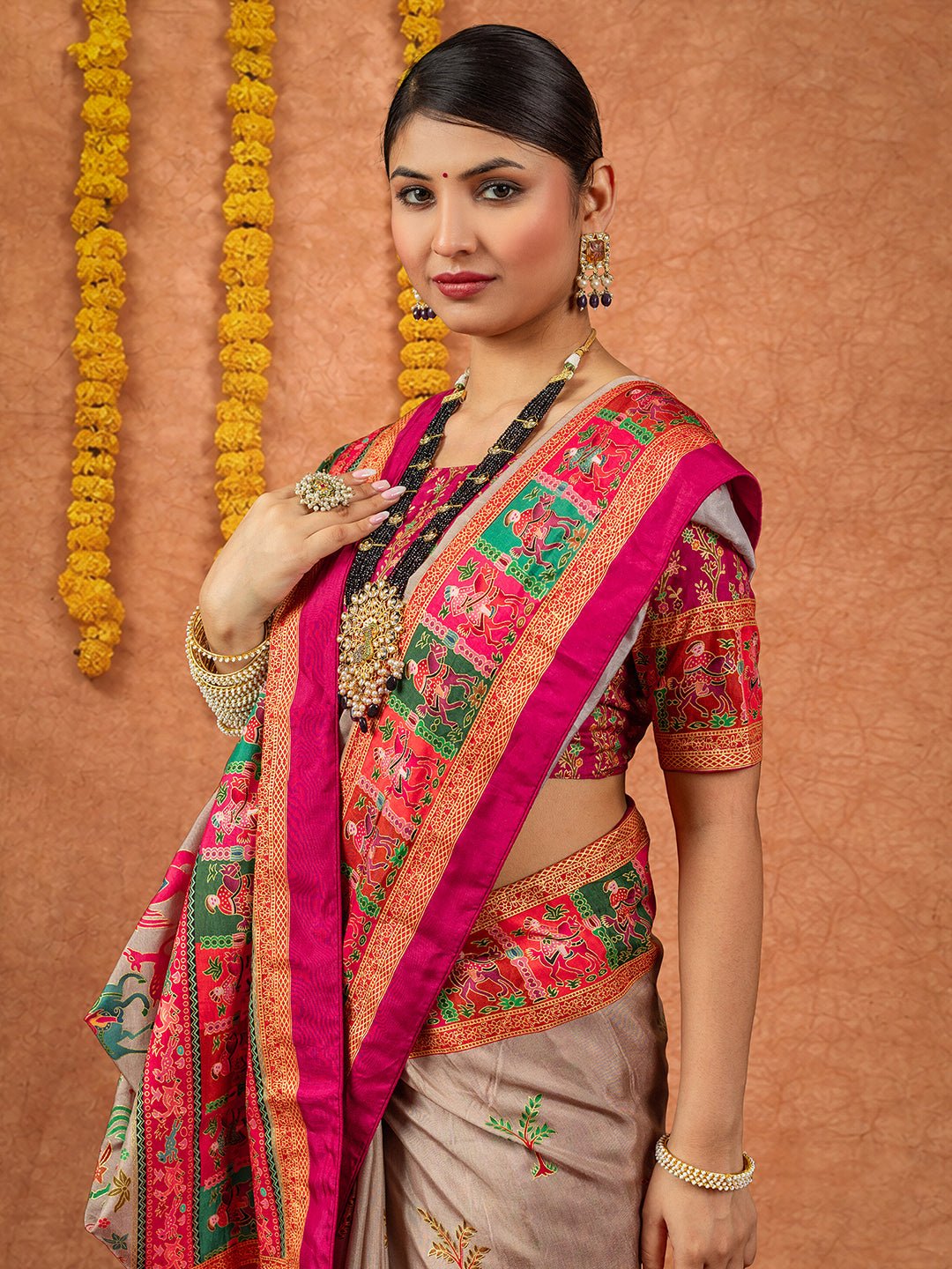 Beige Silk Blend Patola Style Digital Print Saree - Ressa