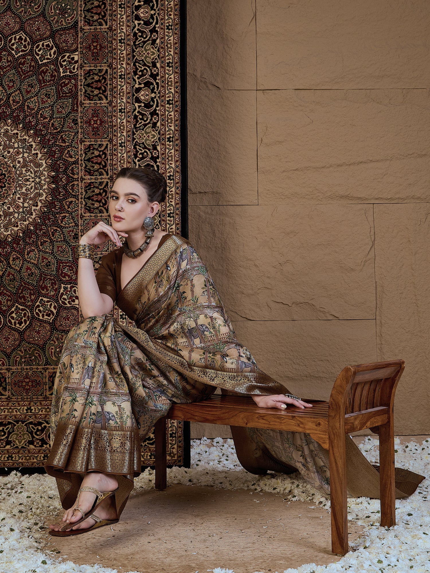Beige Silk Blend Patola Style Digital Print Saree - Ressa