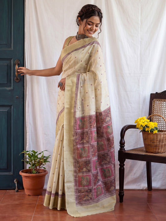 Beige TIssue Madhubani Print Saree - Ressa