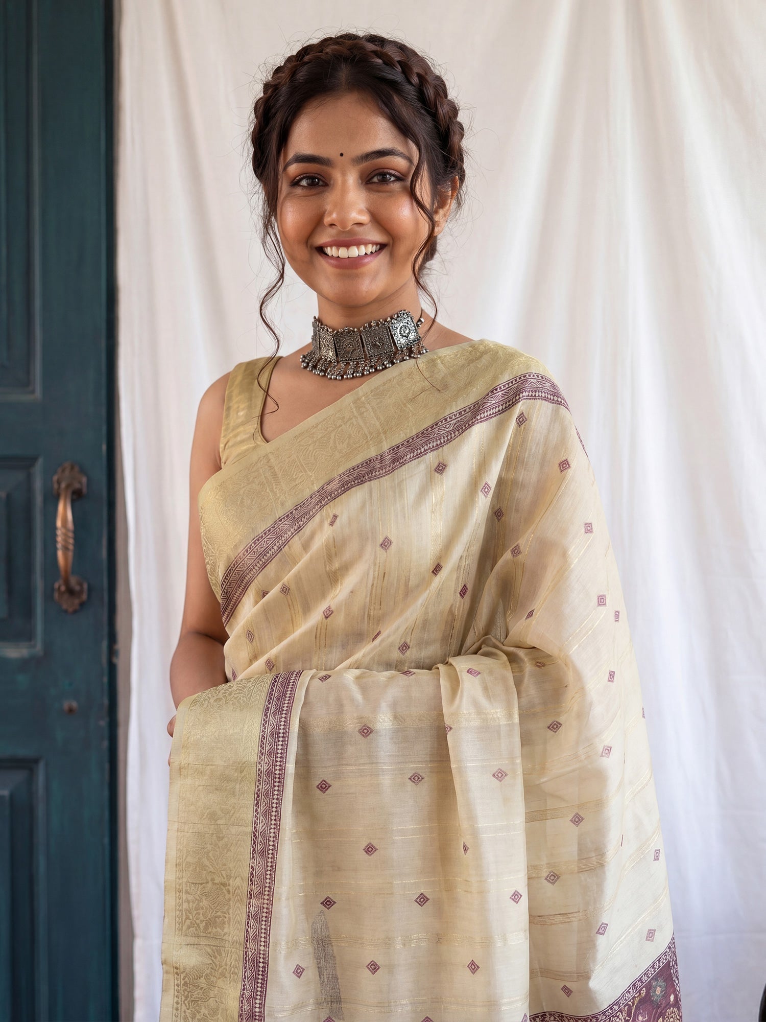 Beige TIssue Madhubani Print Saree - Ressa