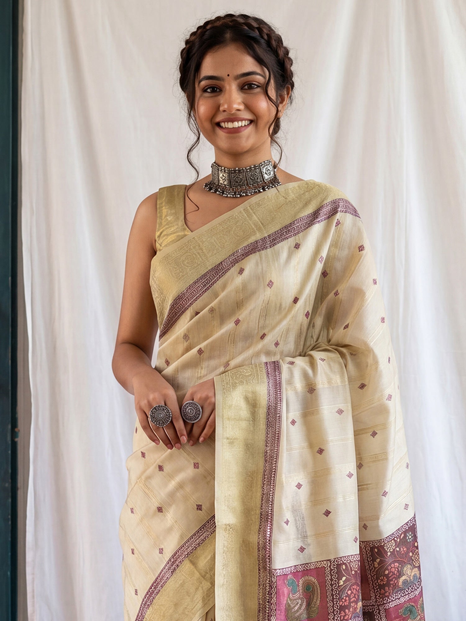 Beige TIssue Madhubani Print Saree - Ressa