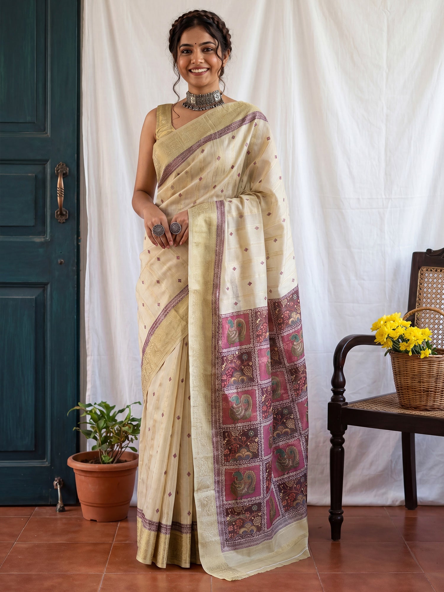 Beige TIssue Madhubani Print Saree - Ressa