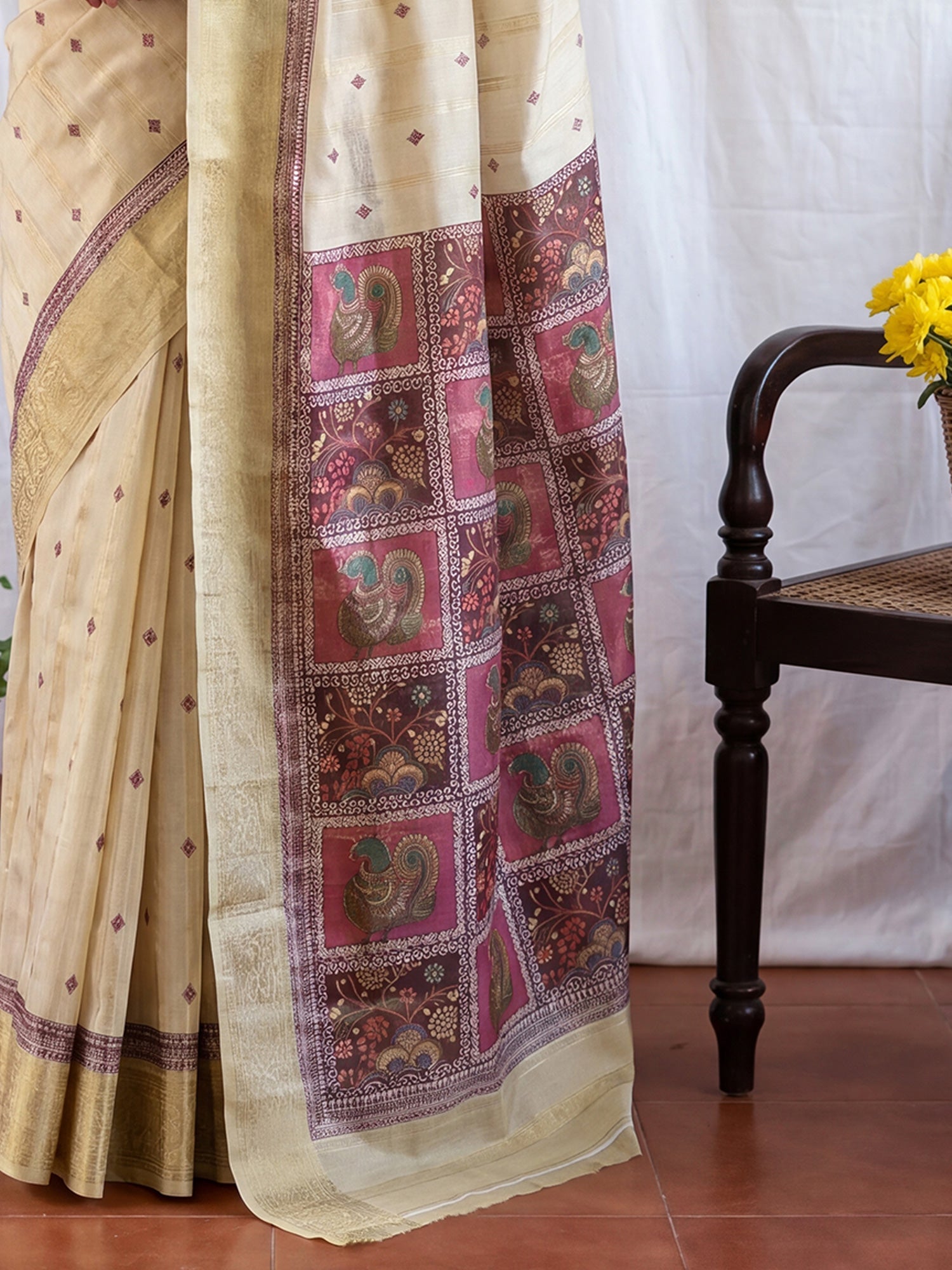 Beige TIssue Madhubani Print Saree - Ressa