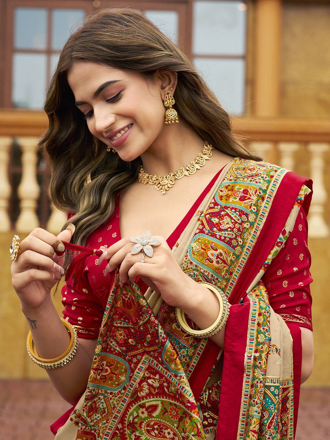 Beige Tussar Silk Foil Printed Saree - Ressa