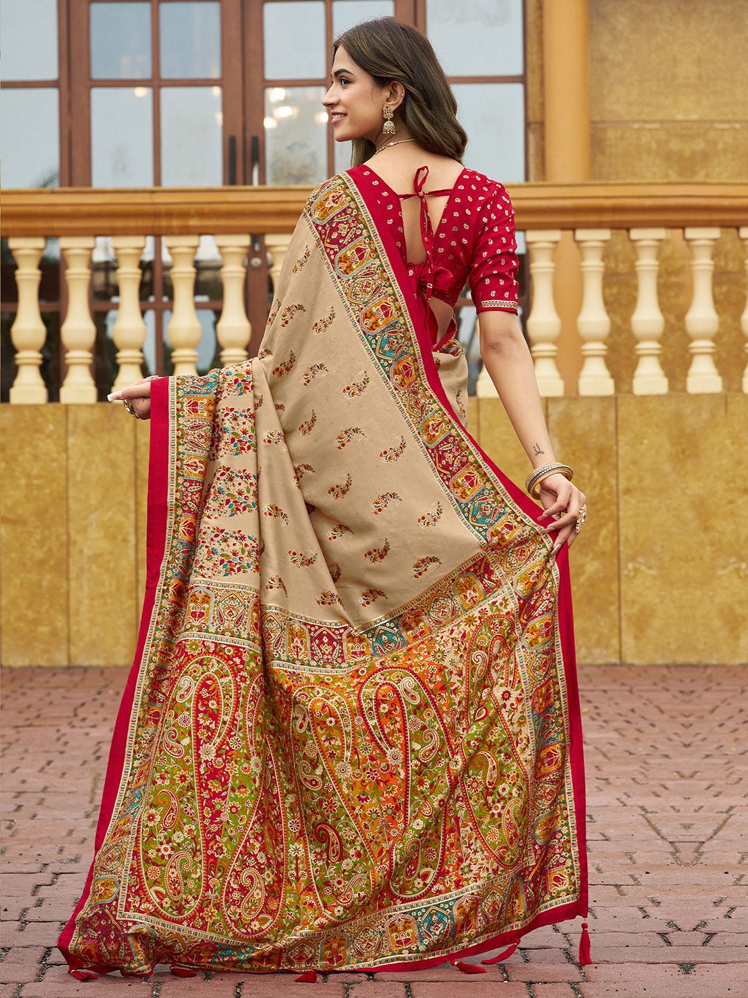 Beige Tussar Silk Foil Printed Saree - Ressa