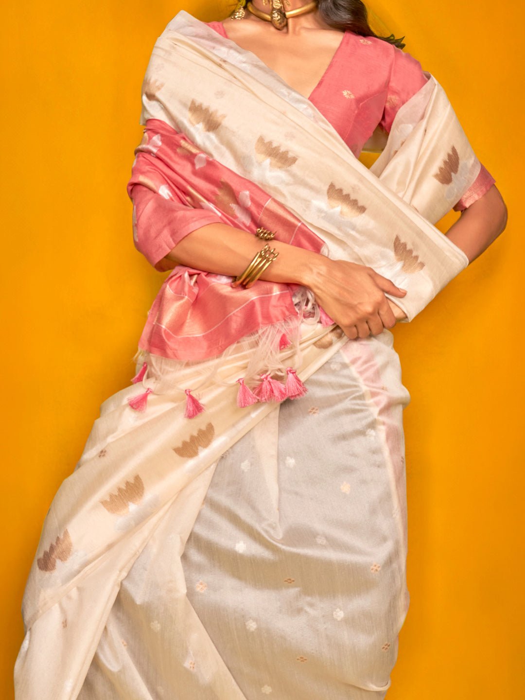 Beige Tussar Silk Zari Weaving Saree - Ressa