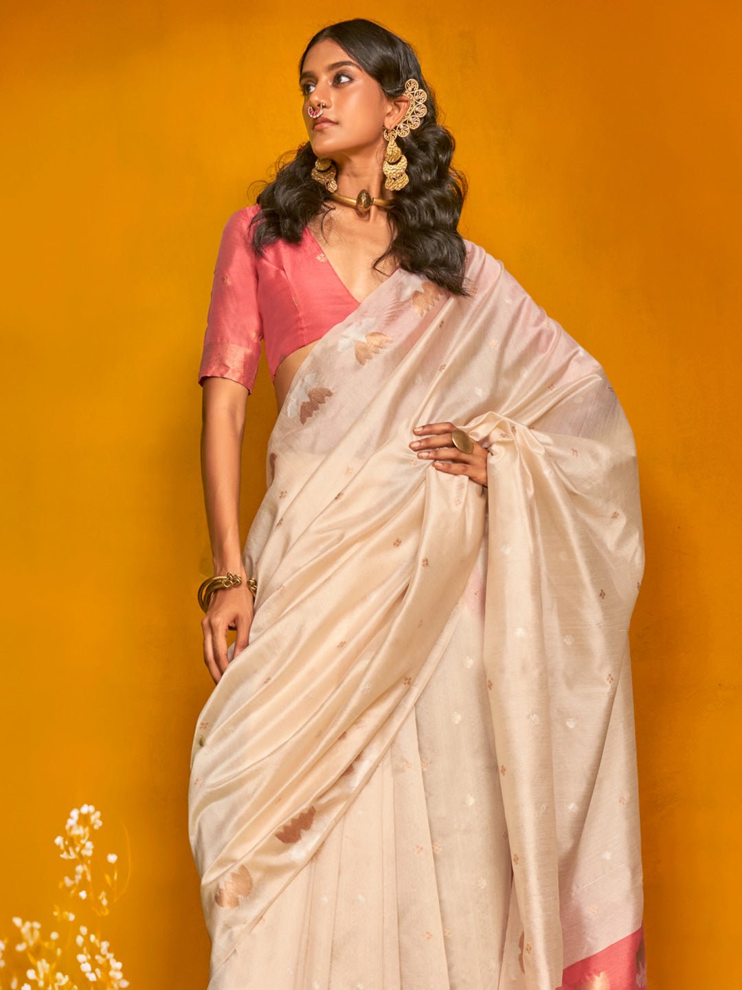 Beige Tussar Silk Zari Weaving Saree - Ressa