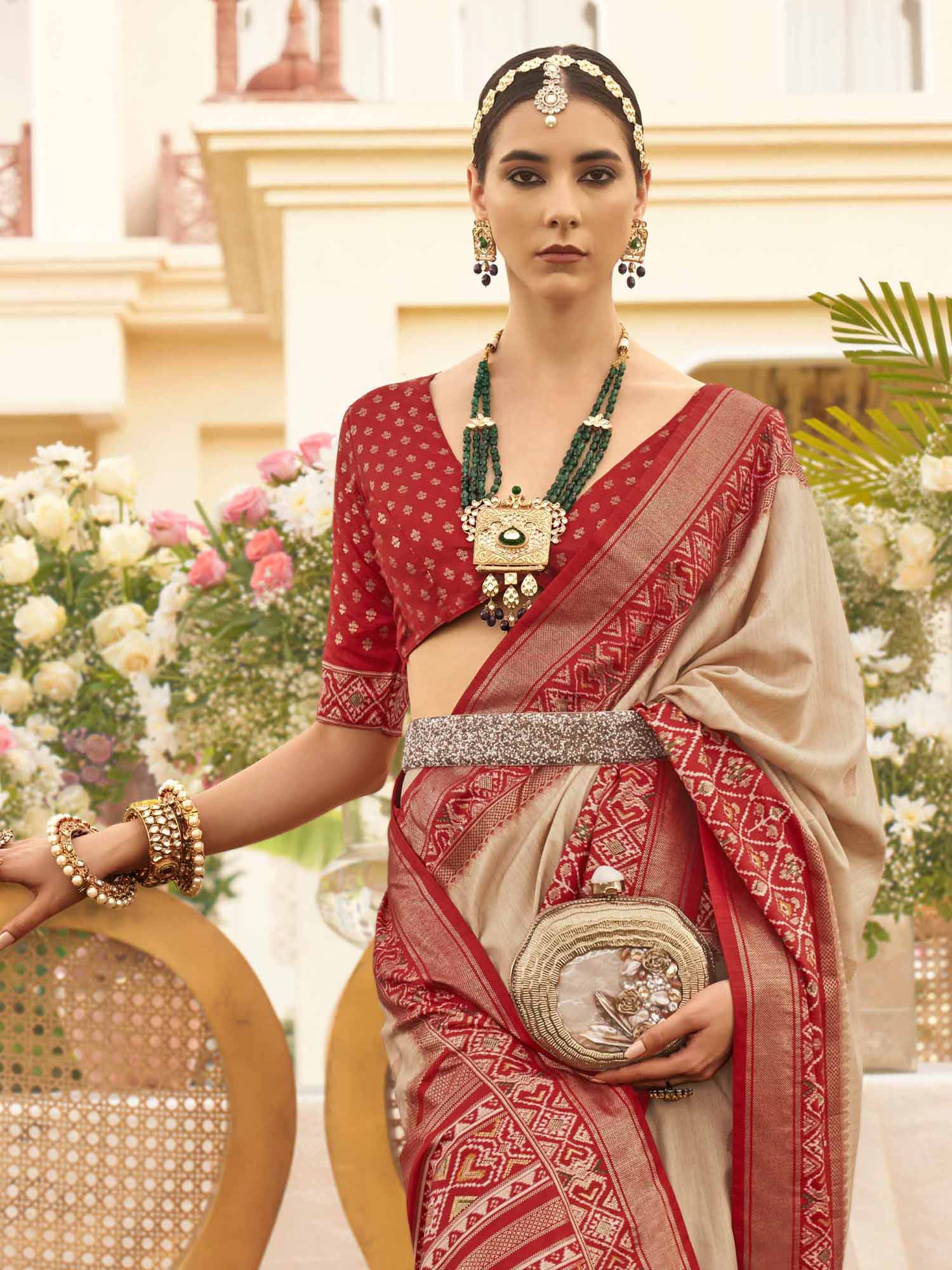 Beige Zari Woven Silk Blend Saree with Red Patola Borders - Ressa