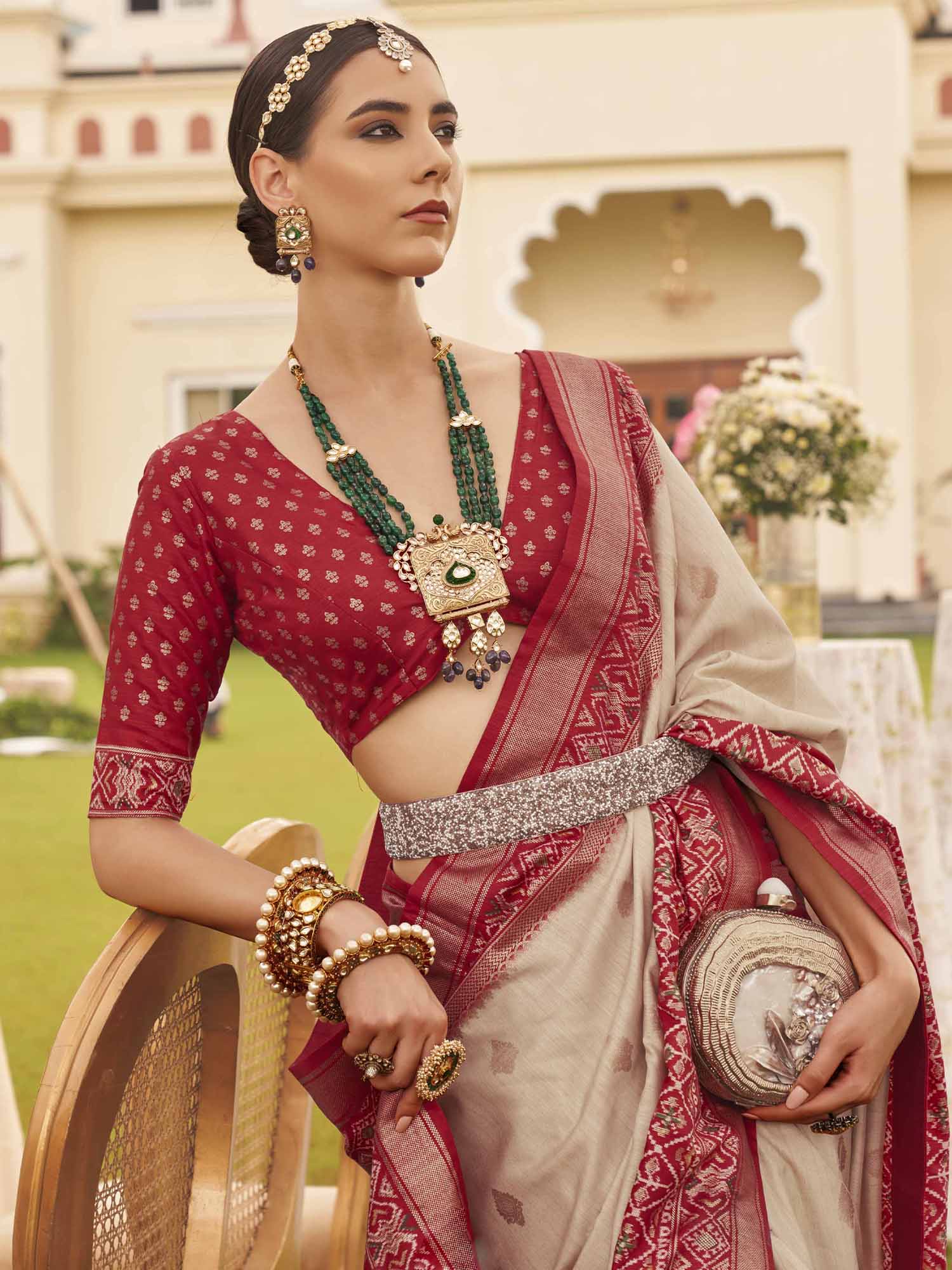 Beige Zari Woven Silk Blend Saree with Red Patola Borders - Ressa