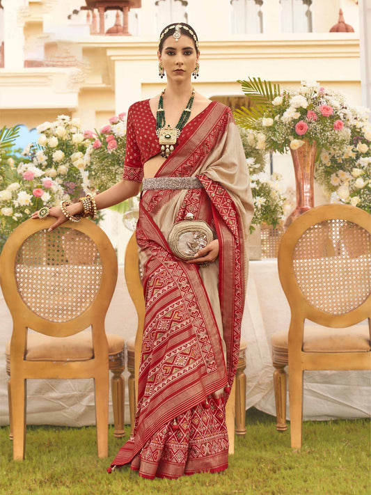 Beige Zari Woven Silk Blend Saree with Red Patola Borders - Ressa