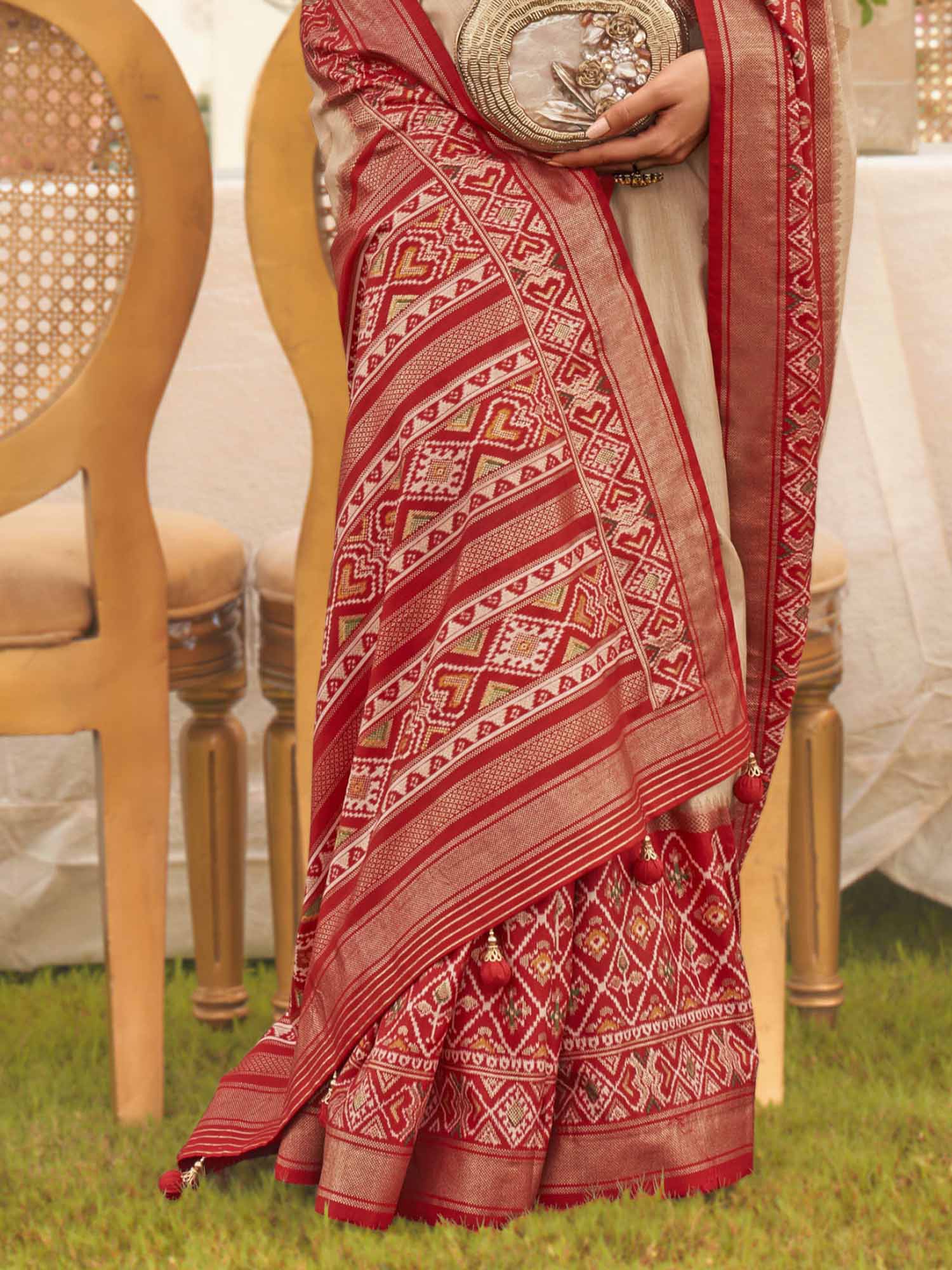 Beige Zari Woven Silk Blend Saree with Red Patola Borders - Ressa