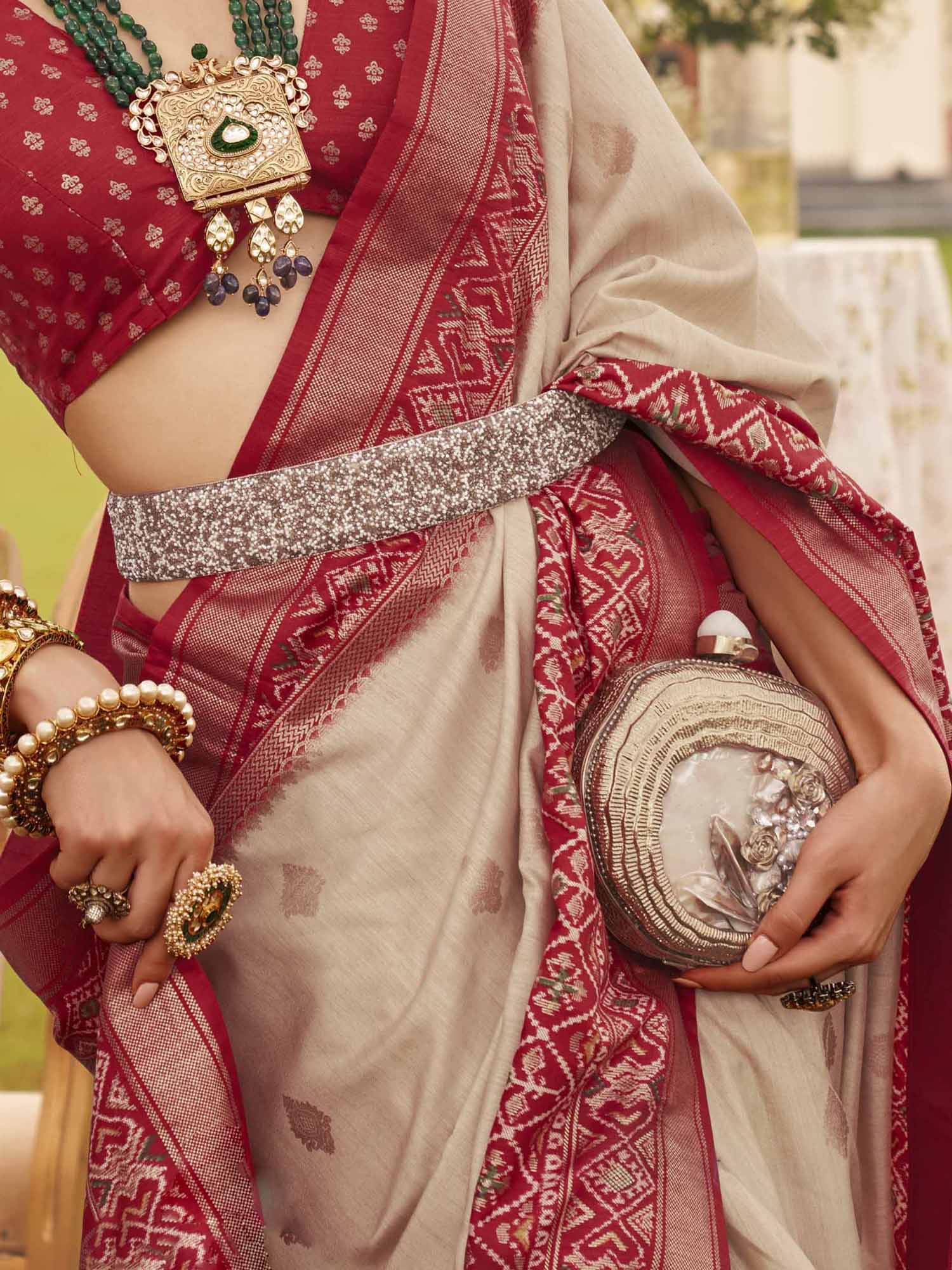 Beige Zari Woven Silk Blend Saree with Red Patola Borders - Ressa