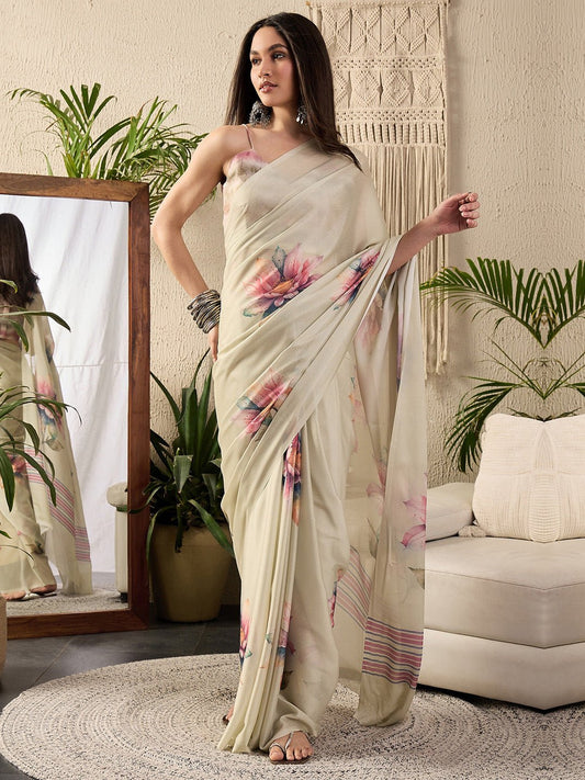 Beige Georgette Floral Printed Saree - Ressa