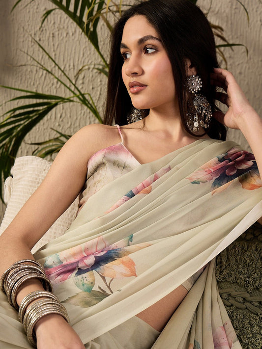 Beige Georgette Floral Printed Saree - Ressa
