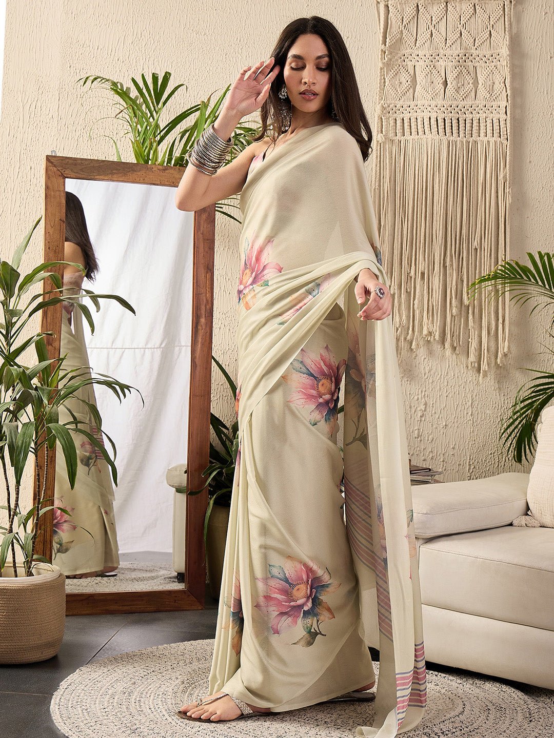 Beige Georgette Floral Printed Saree - Ressa