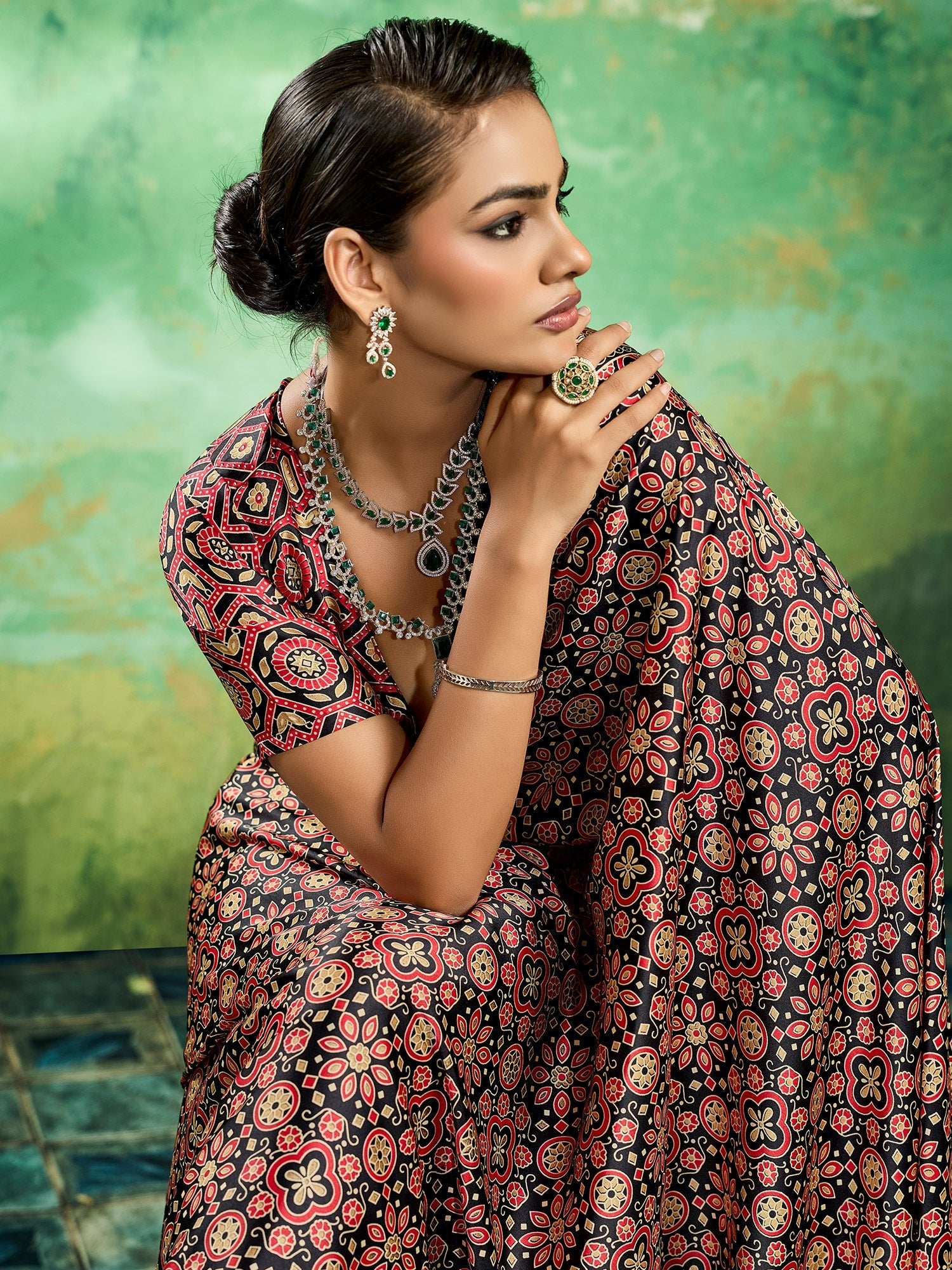Black Ajrakh Block Print Saree - Ressa