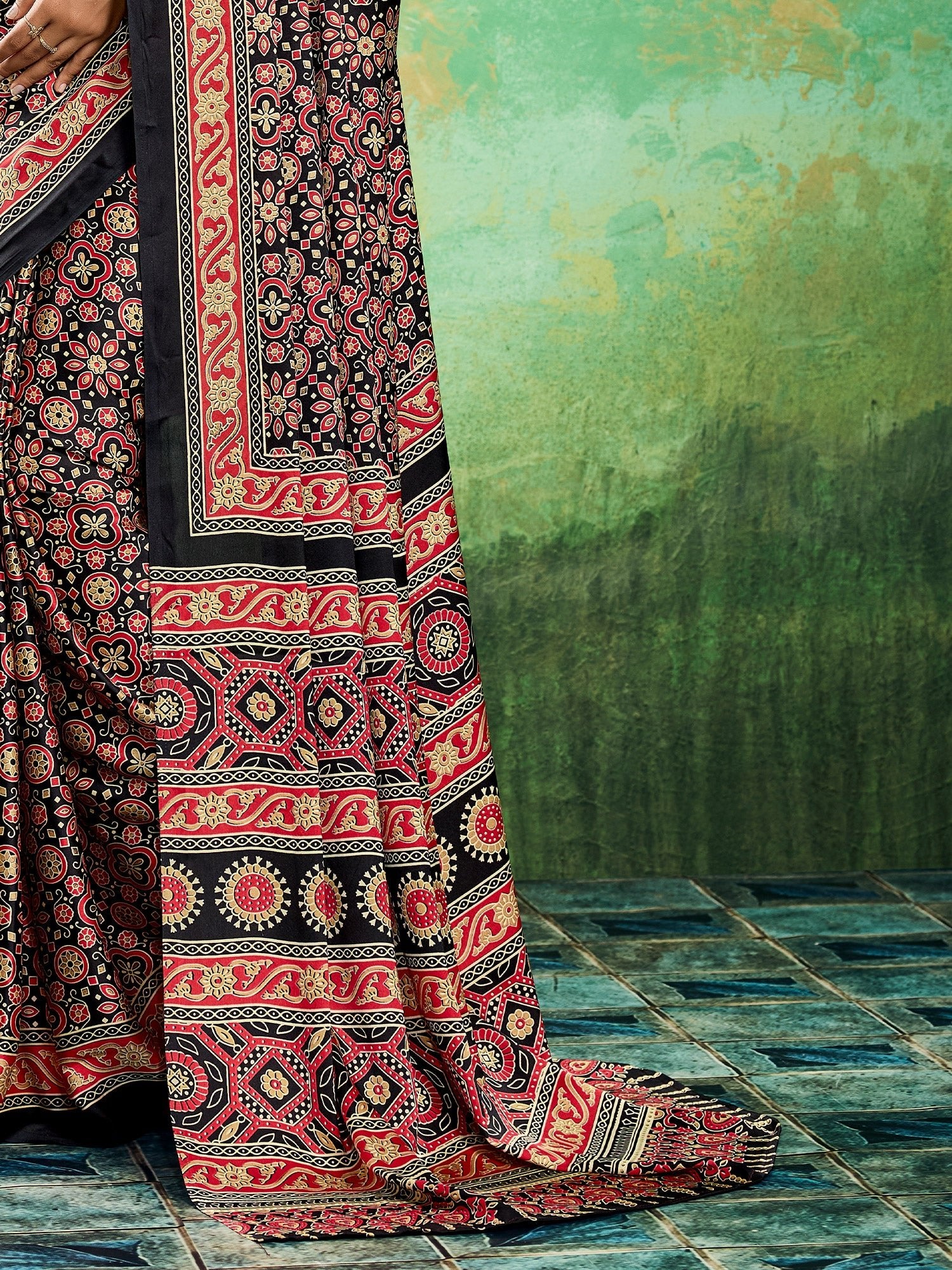Black Ajrakh Block Print Saree - Ressa