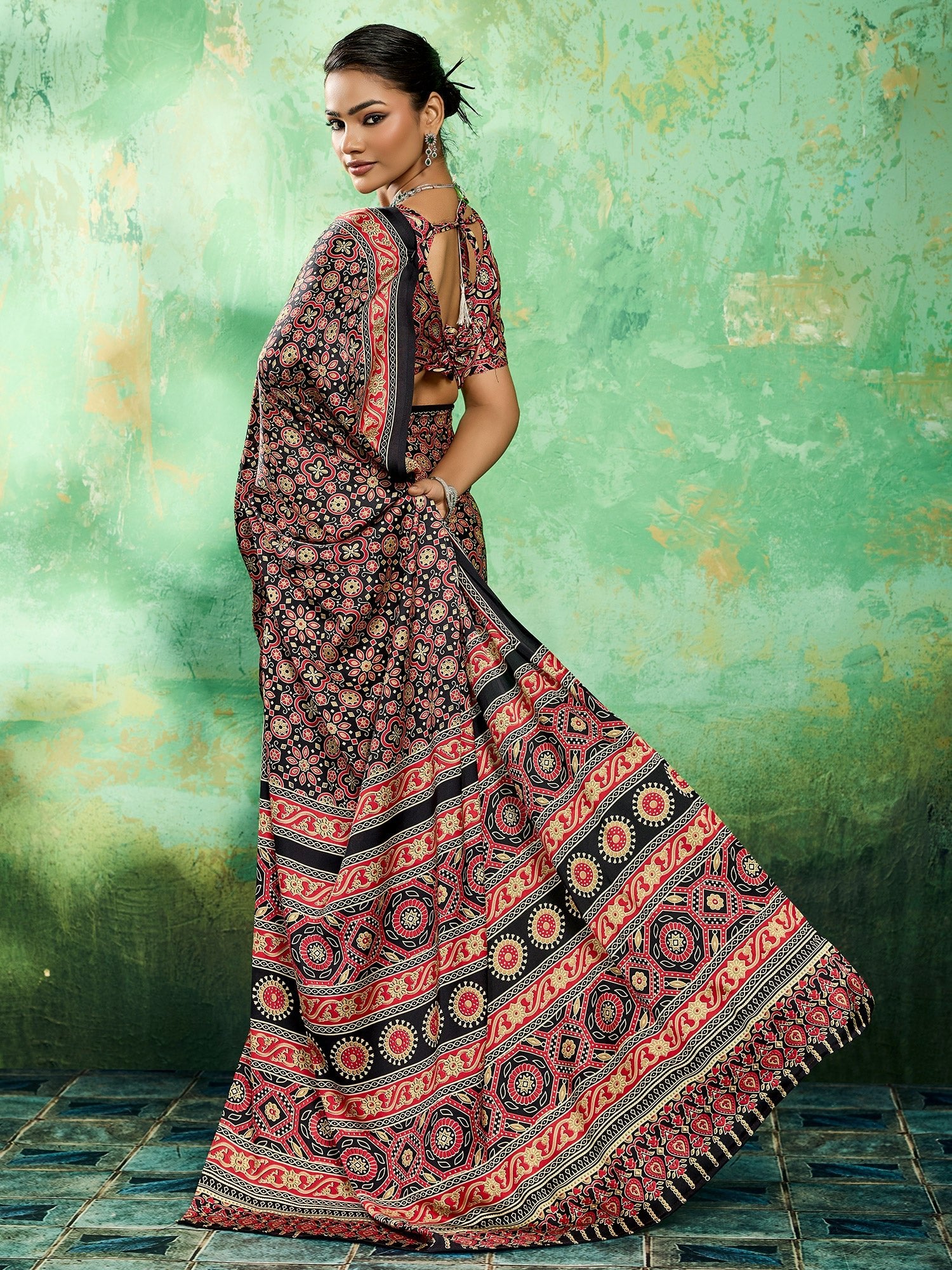Black Ajrakh Block Print Saree - Ressa