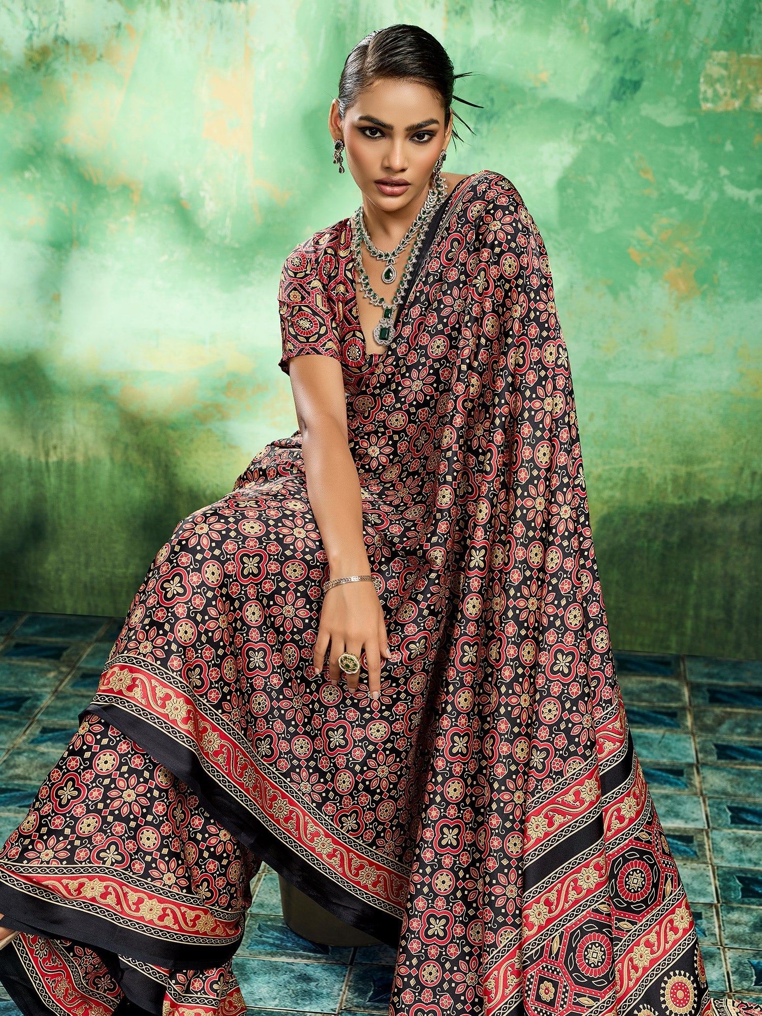 Black Ajrakh Block Print Saree - Ressa