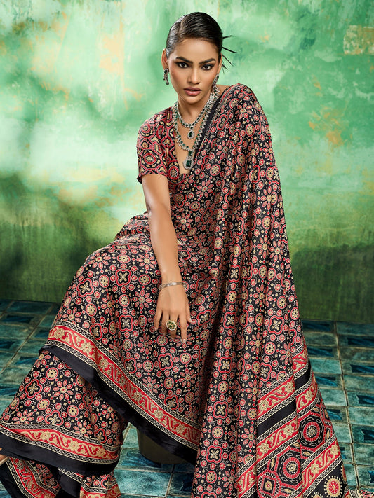 Black Ajrakh Block Print Saree - Ressa