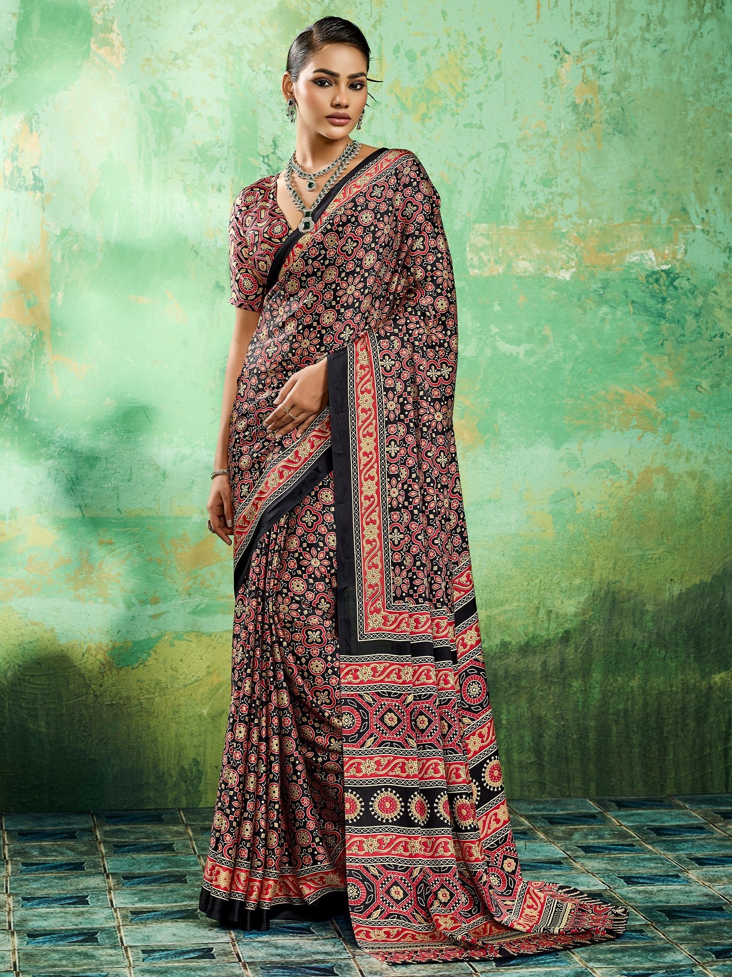 Black Ajrakh Block Print Saree - Ressa