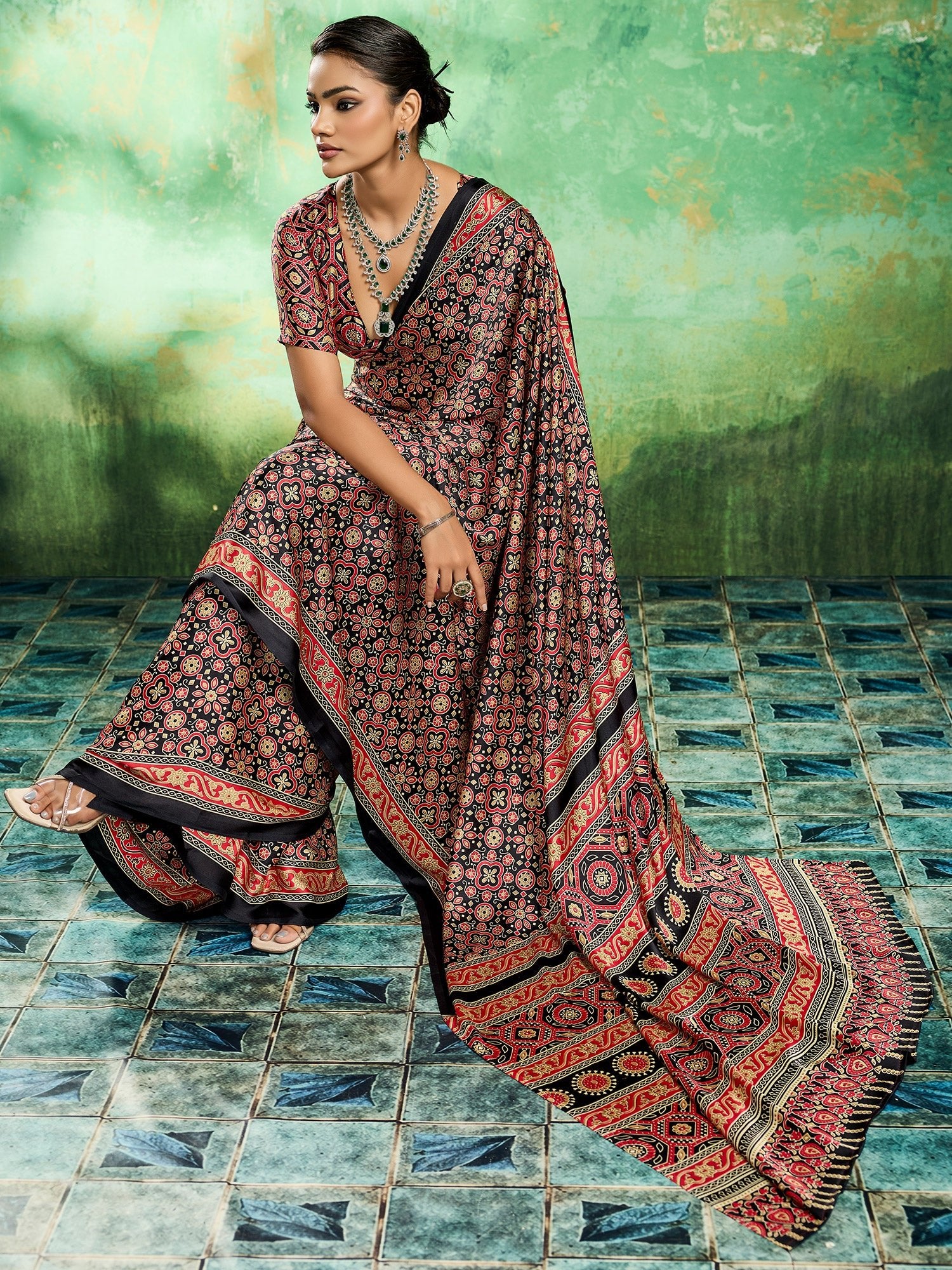 Black Ajrakh Block Print Saree - Ressa