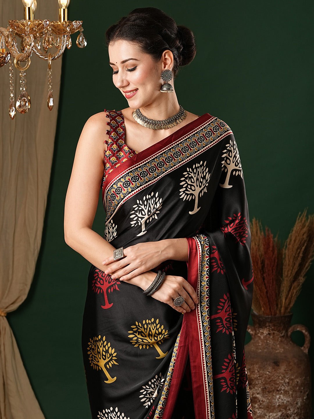 Black Ajrakh Block Printed Saree - Ressa