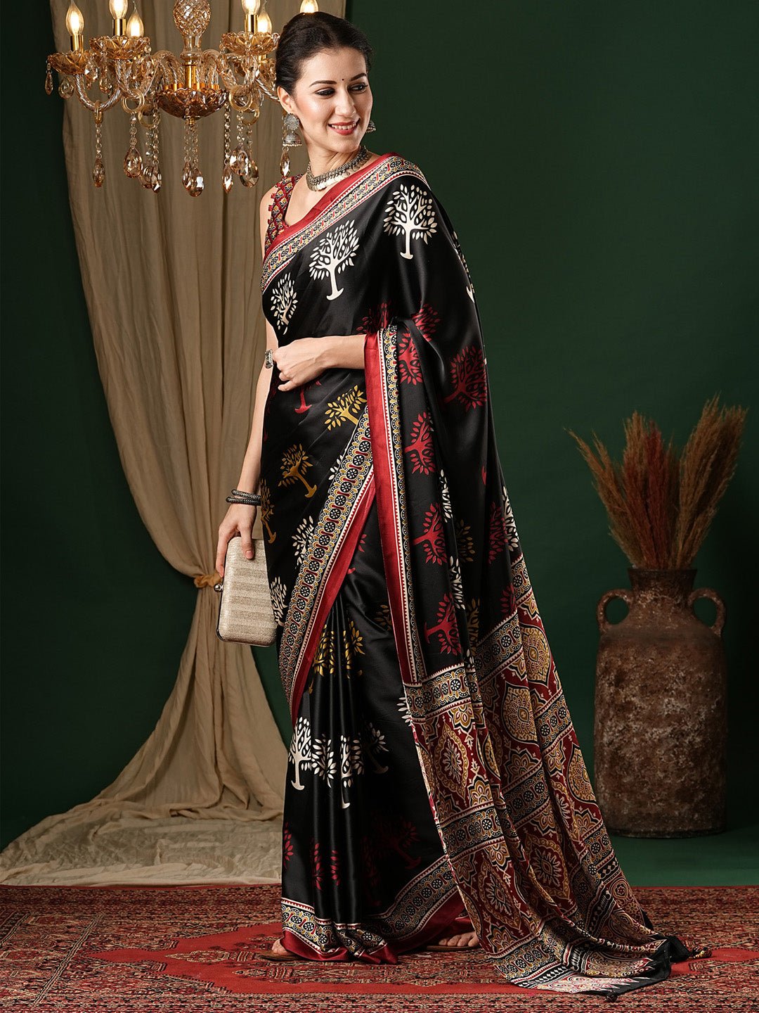 Black Ajrakh Block Printed Saree - Ressa