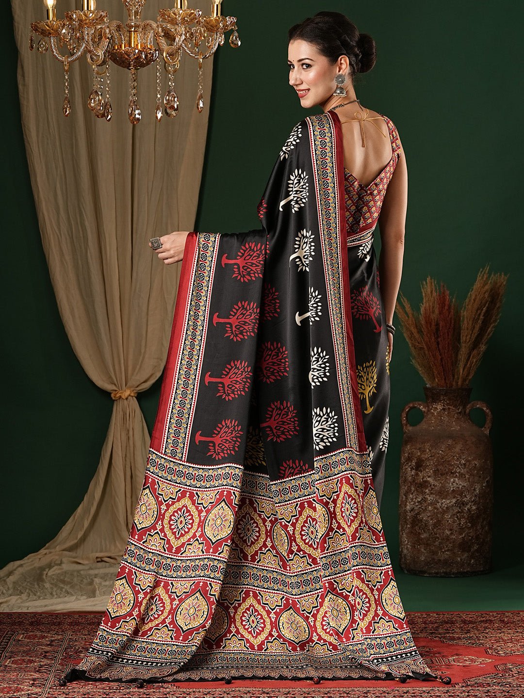 Black Ajrakh Block Printed Saree - Ressa