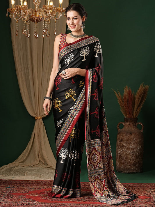 Black Ajrakh Block Printed Saree - Ressa