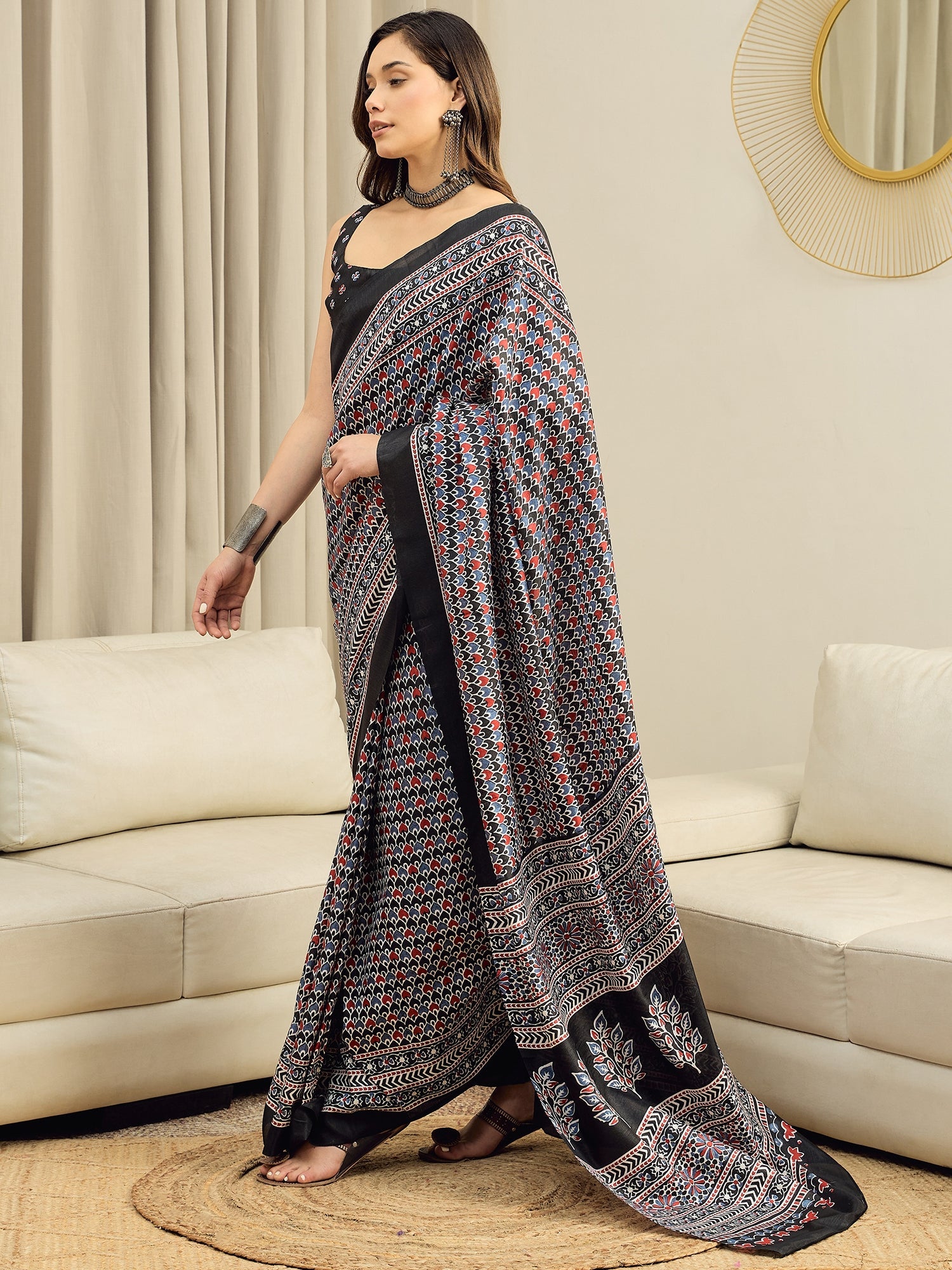 Black Ajrakh Modal Silk Saree - Ressa