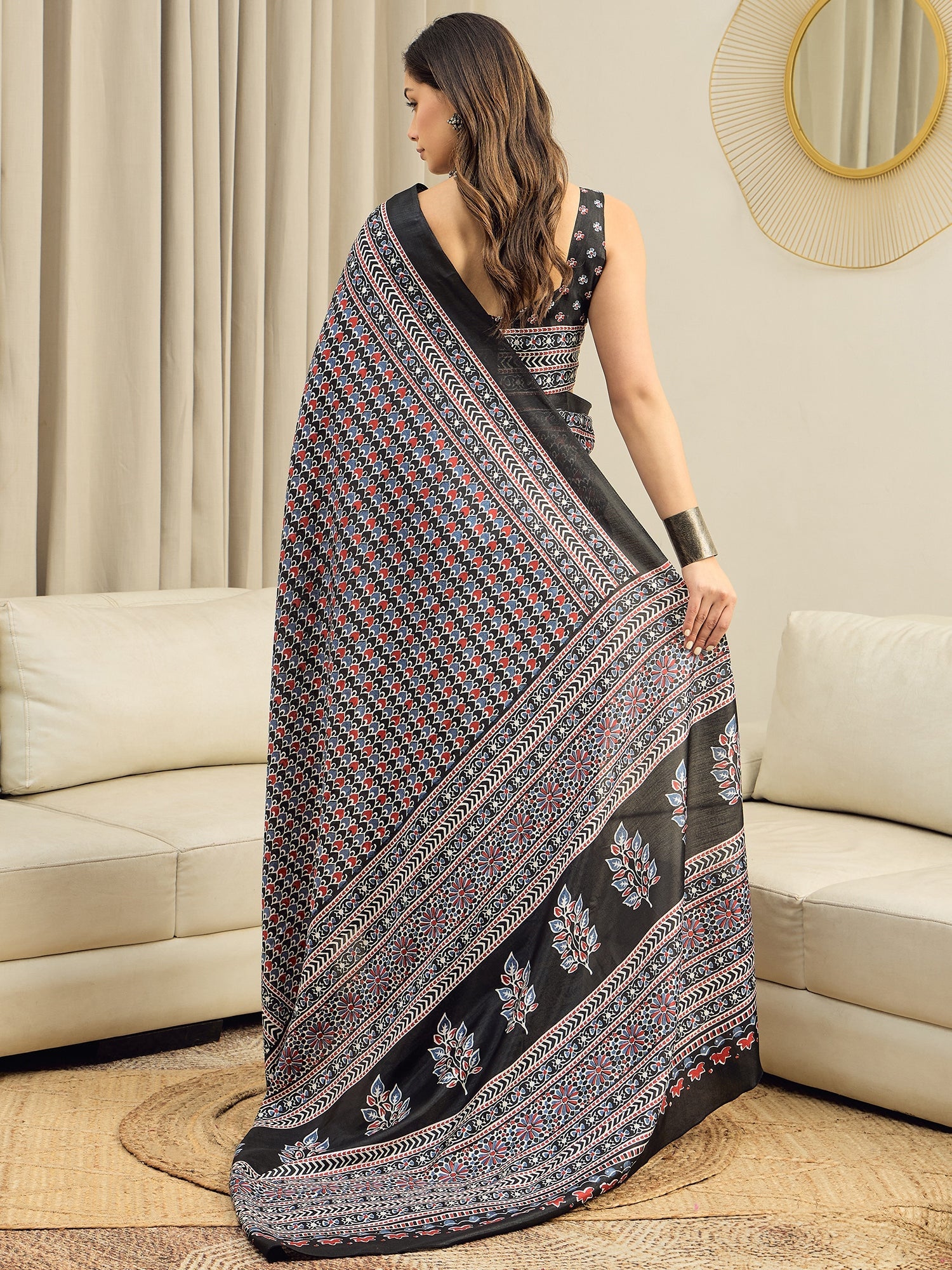 Black Ajrakh Modal Silk Saree - Ressa