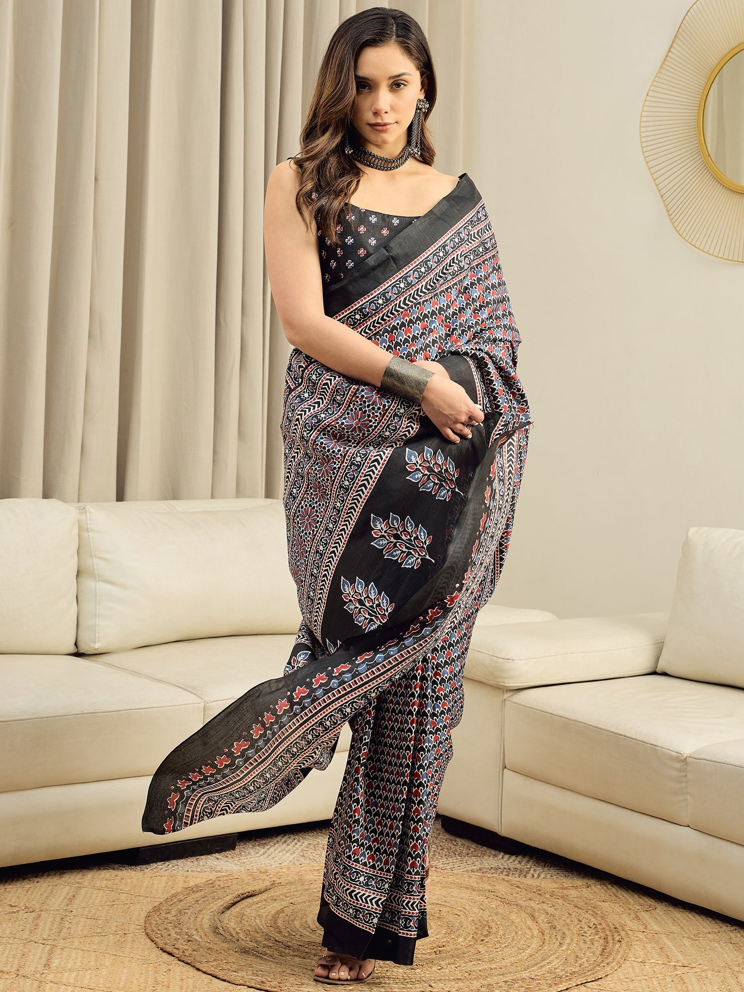 Black Ajrakh Modal Silk Saree - Ressa