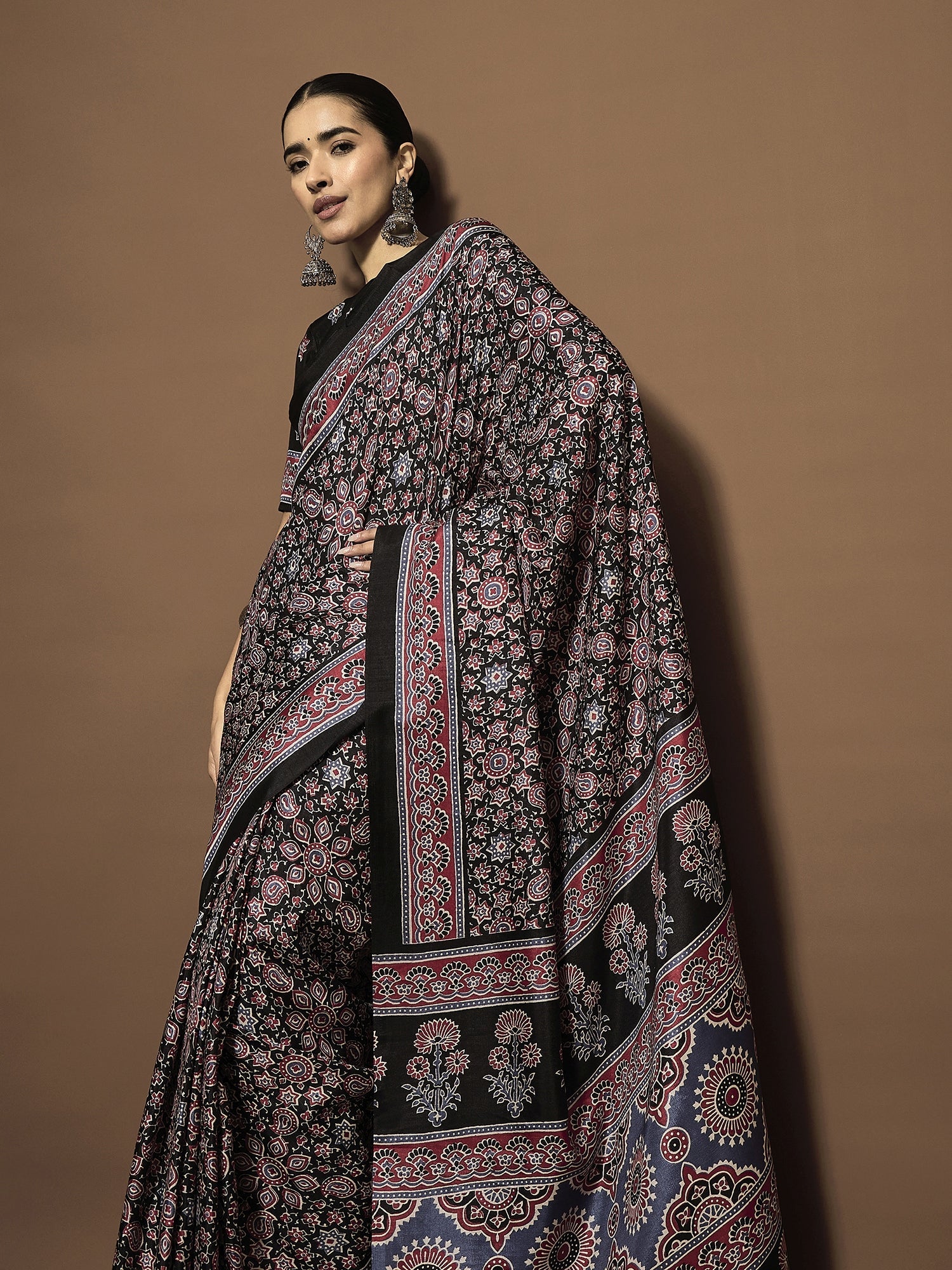 Black Ajrakh Modal Silk Saree with Dense Paisley Print - Ressa