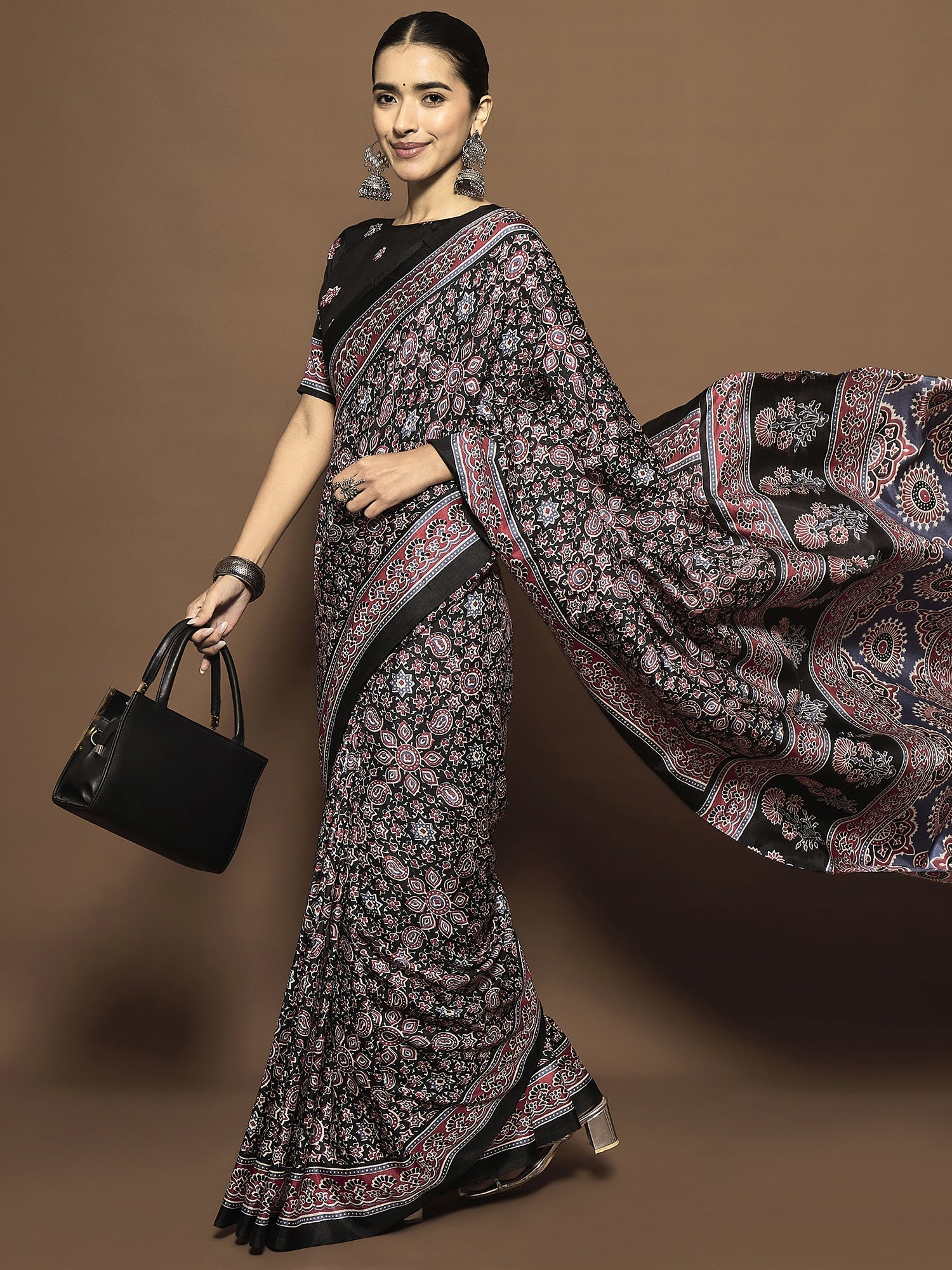Black Ajrakh Modal Silk Saree with Dense Paisley Print - Ressa