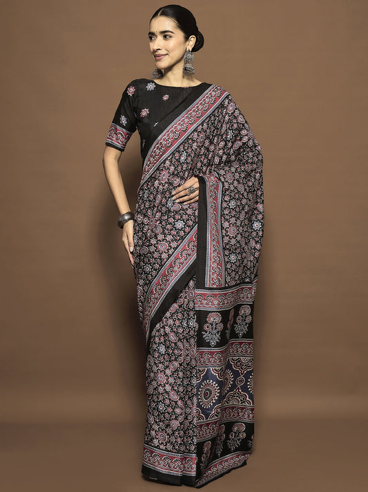 Black Ajrakh Modal Silk Saree with Dense Paisley Print - Ressa