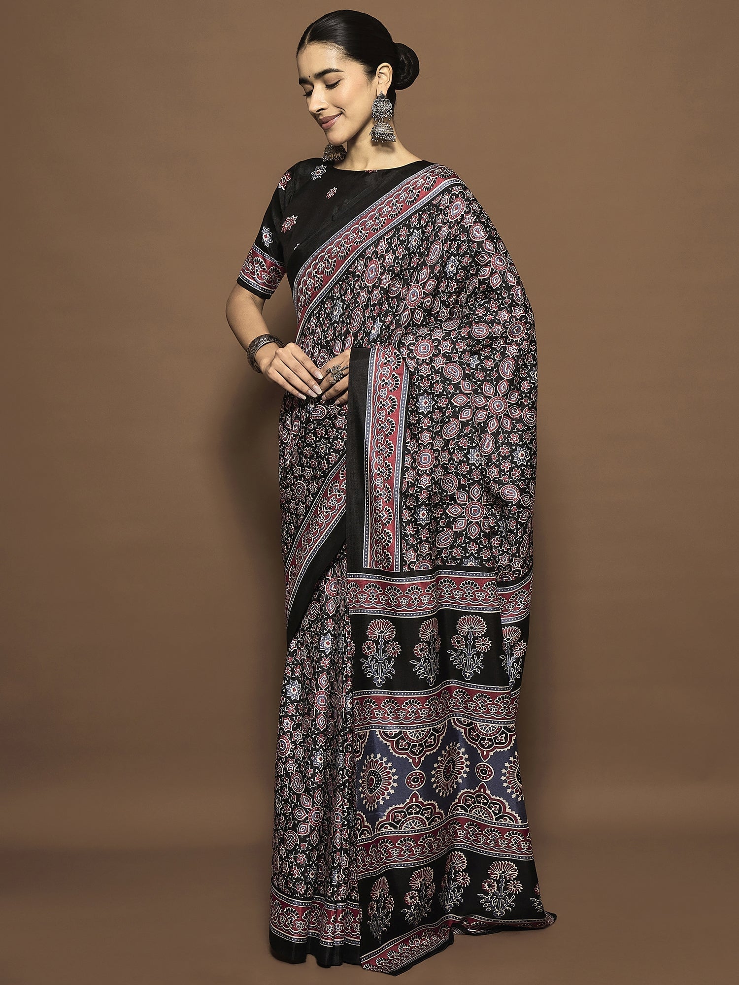 Black Ajrakh Modal Silk Saree with Dense Paisley Print - Ressa