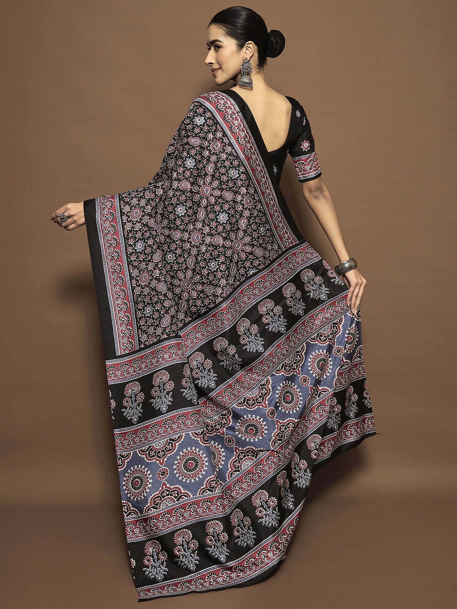 Black Ajrakh Modal Silk Saree with Dense Paisley Print - Ressa