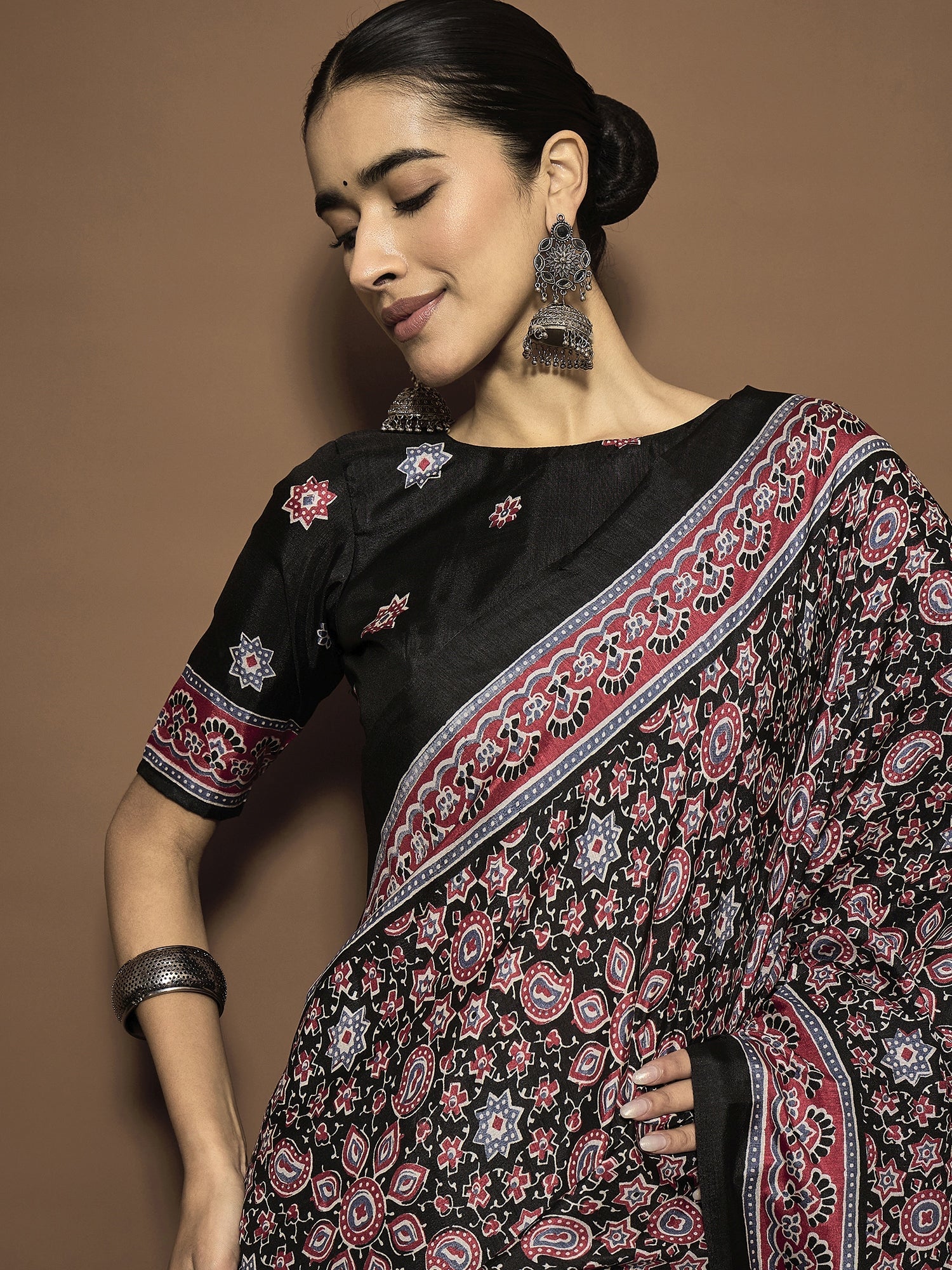 Black Ajrakh Modal Silk Saree with Dense Paisley Print - Ressa