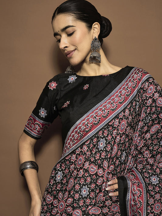 Black Ajrakh Modal Silk Saree with Dense Paisley Print - Ressa
