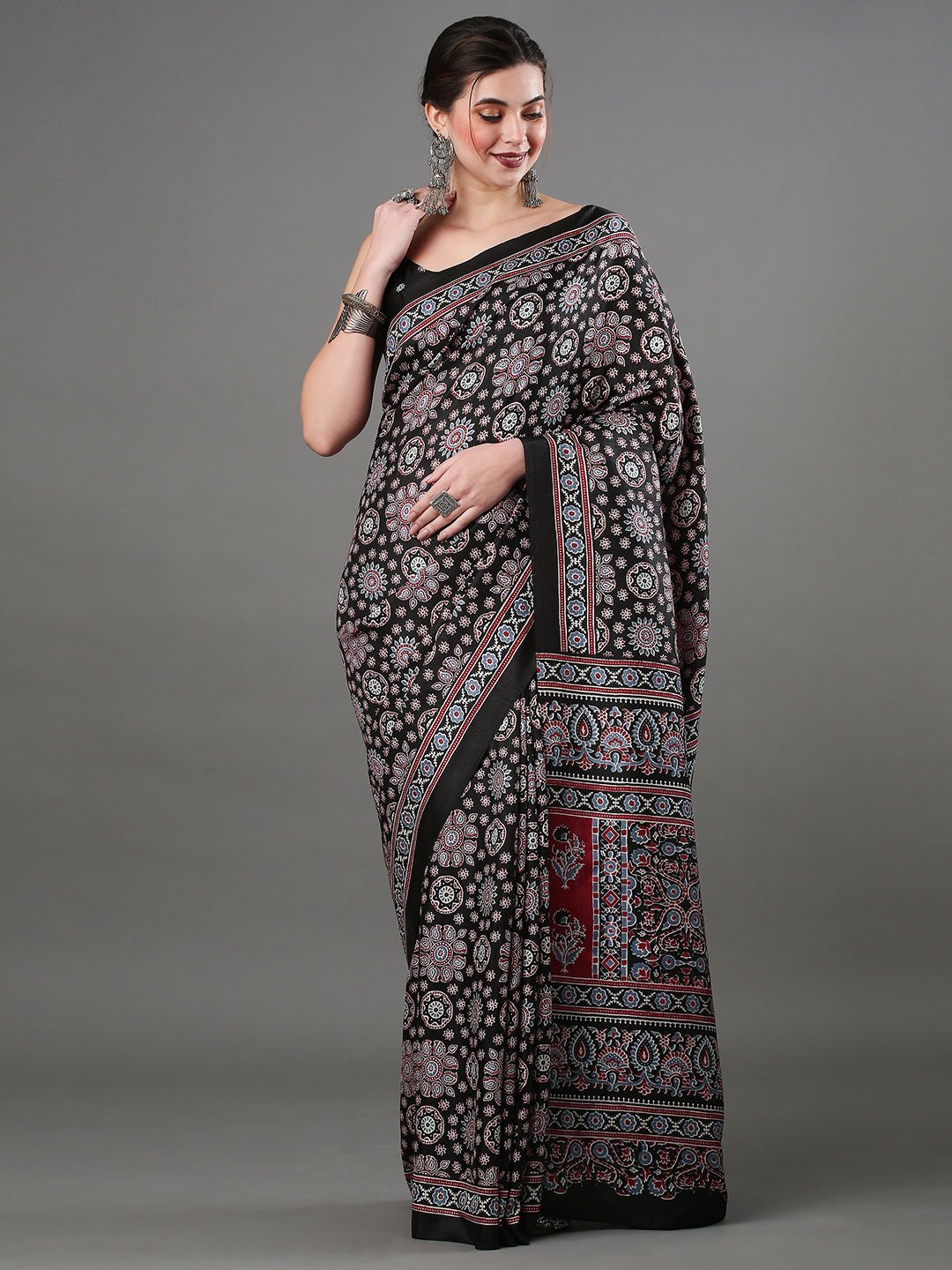Black Ajrakh Print Saree with Red Panelled Pallu & Black Sleeveless Blouse - Ressa