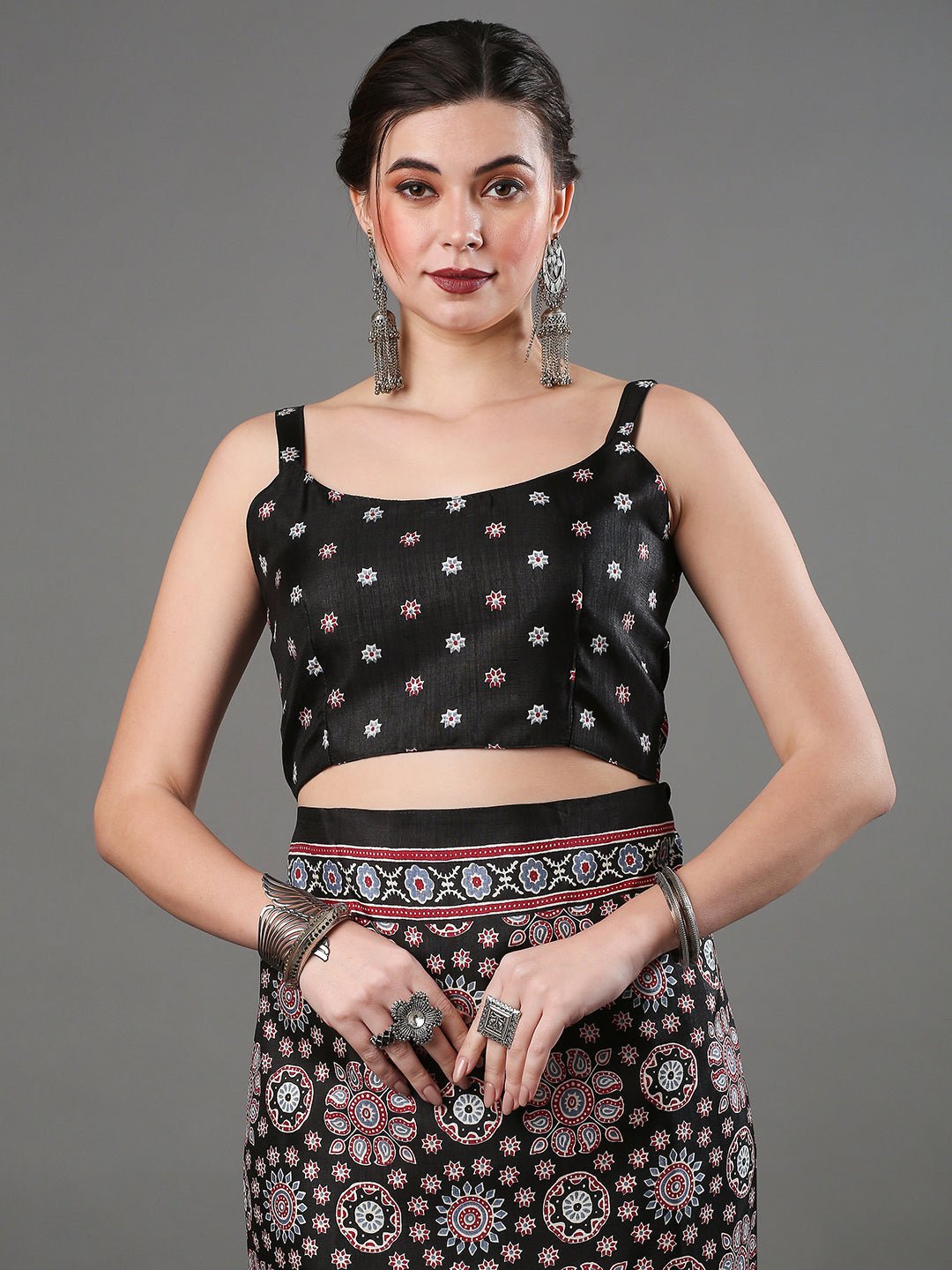 Black Ajrakh Print Saree with Red Panelled Pallu & Black Sleeveless Blouse - Ressa
