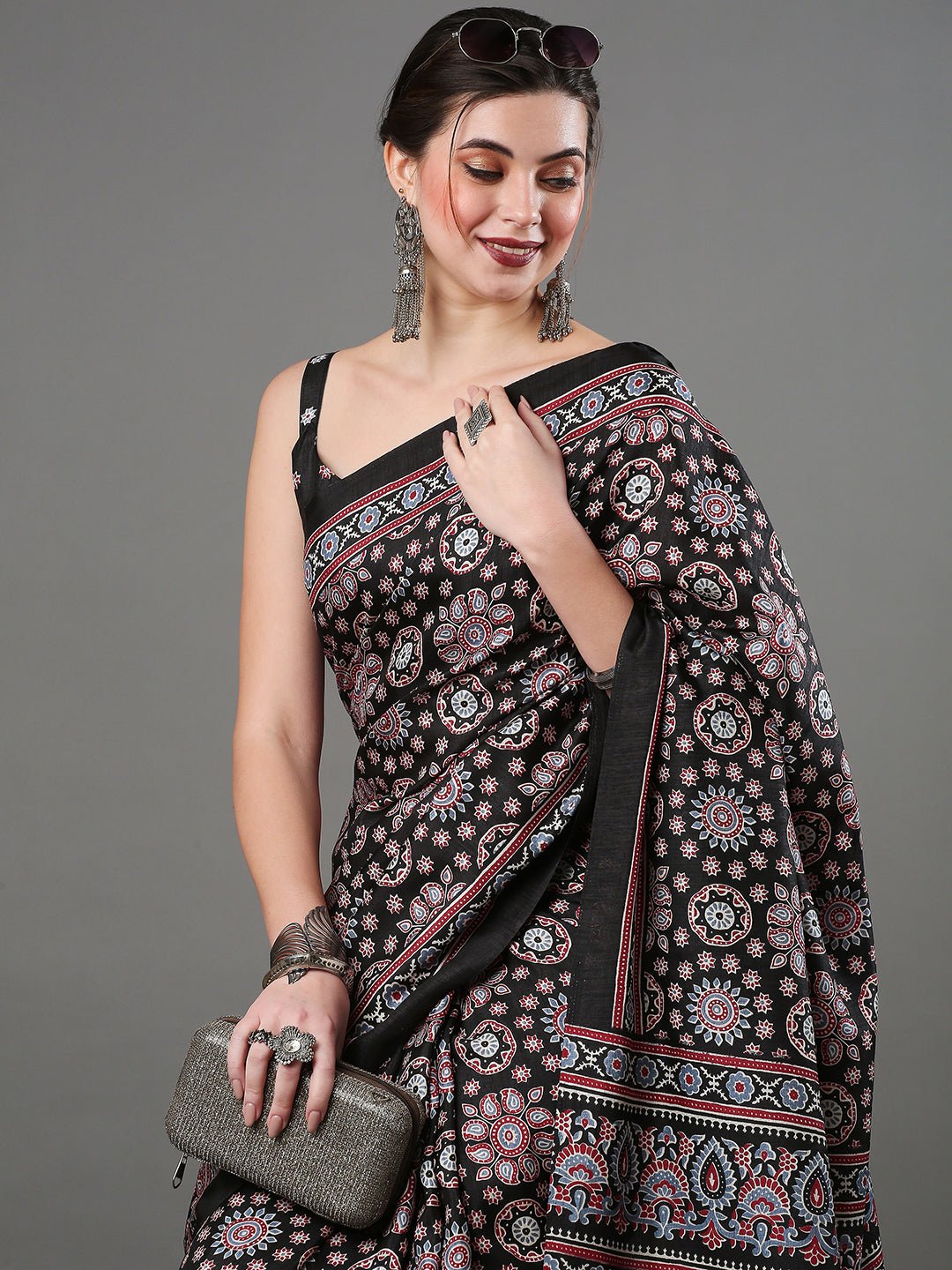 Black Ajrakh Print Saree with Red Panelled Pallu & Black Sleeveless Blouse - Ressa