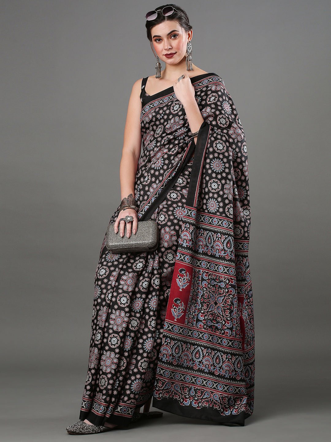 Black Ajrakh Print Saree with Red Panelled Pallu & Black Sleeveless Blouse - Ressa
