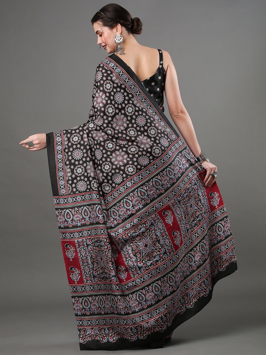 Black Ajrakh Print Saree with Red Panelled Pallu & Black Sleeveless Blouse - Ressa