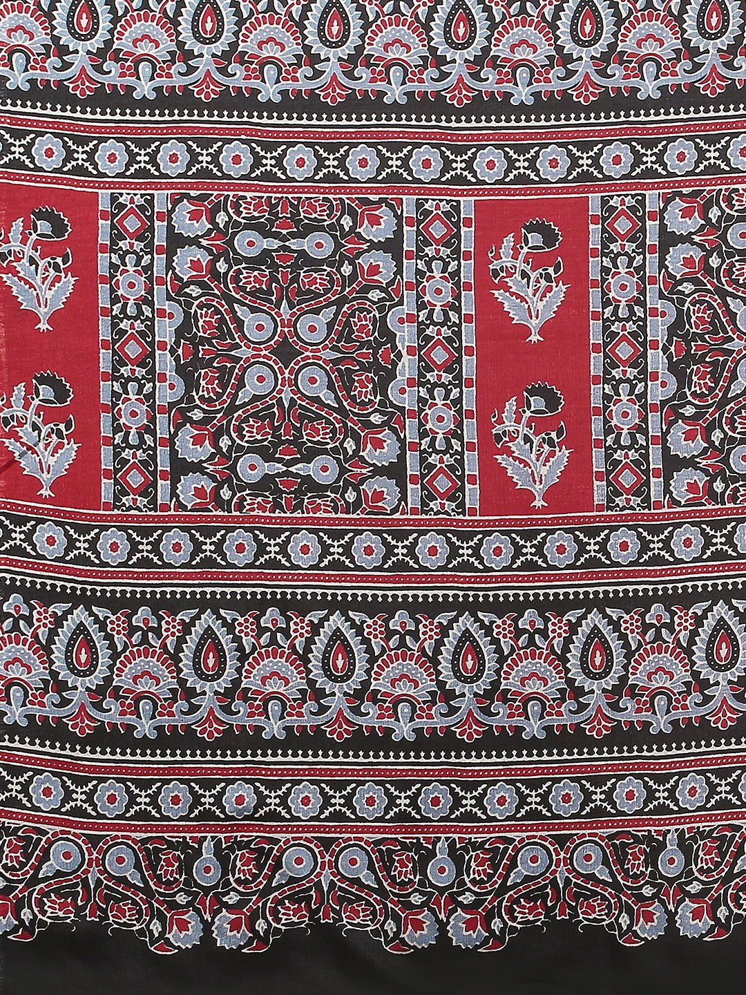 Black Ajrakh Print Saree with Red Panelled Pallu & Black Sleeveless Blouse - Ressa