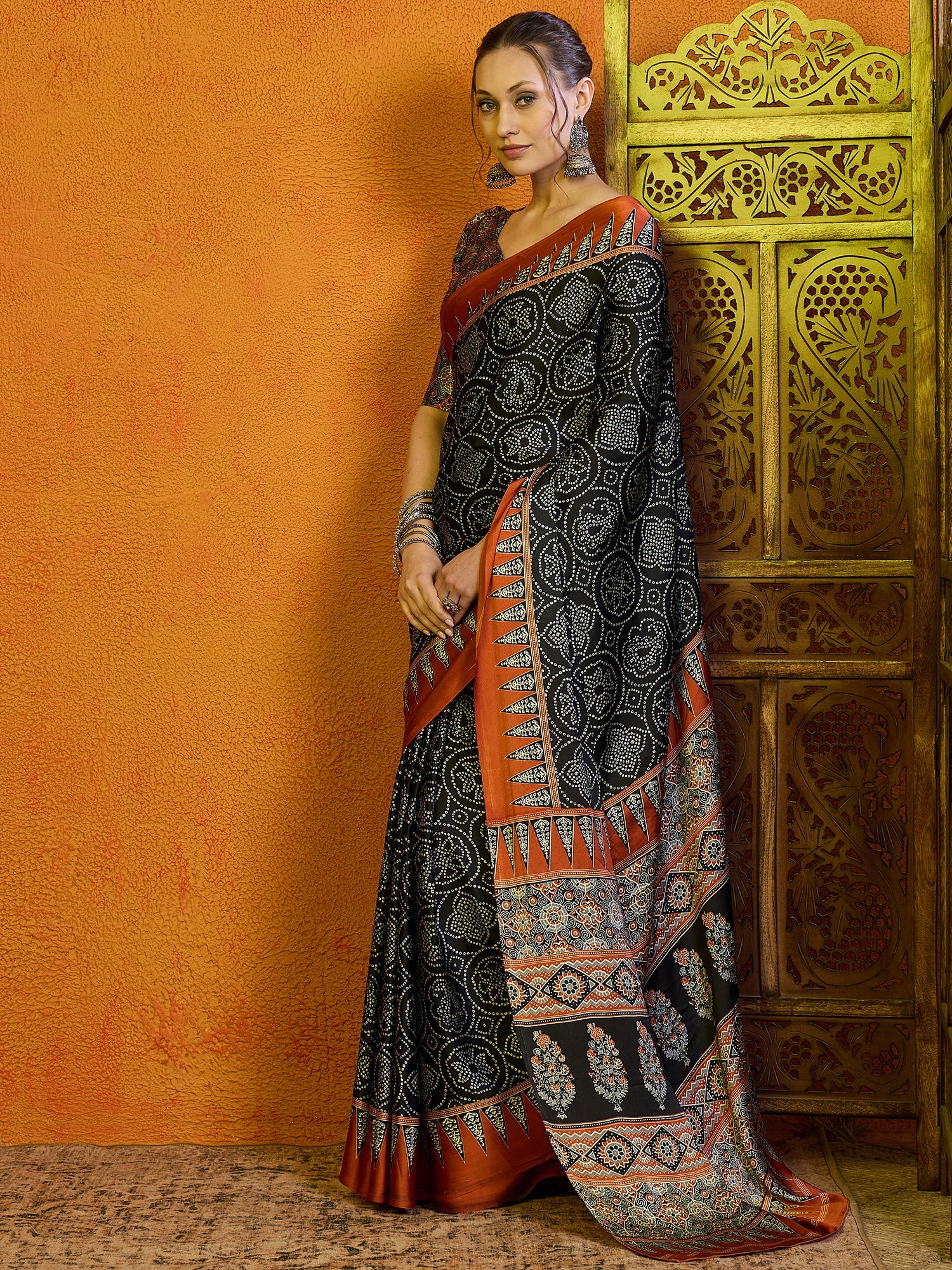 Black Ajrakh Print Silk Saree - Ressa
