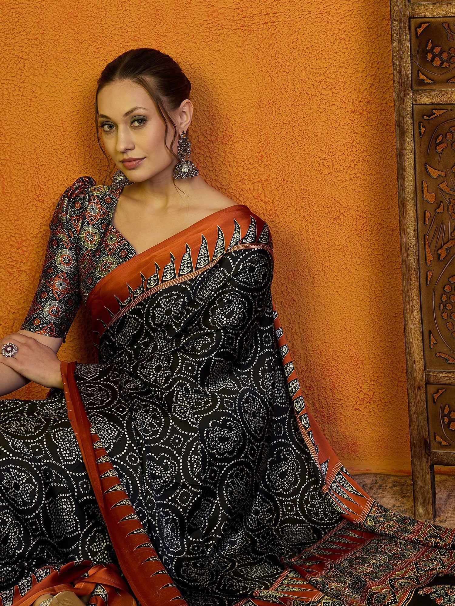 Black Ajrakh Print Silk Saree - Ressa