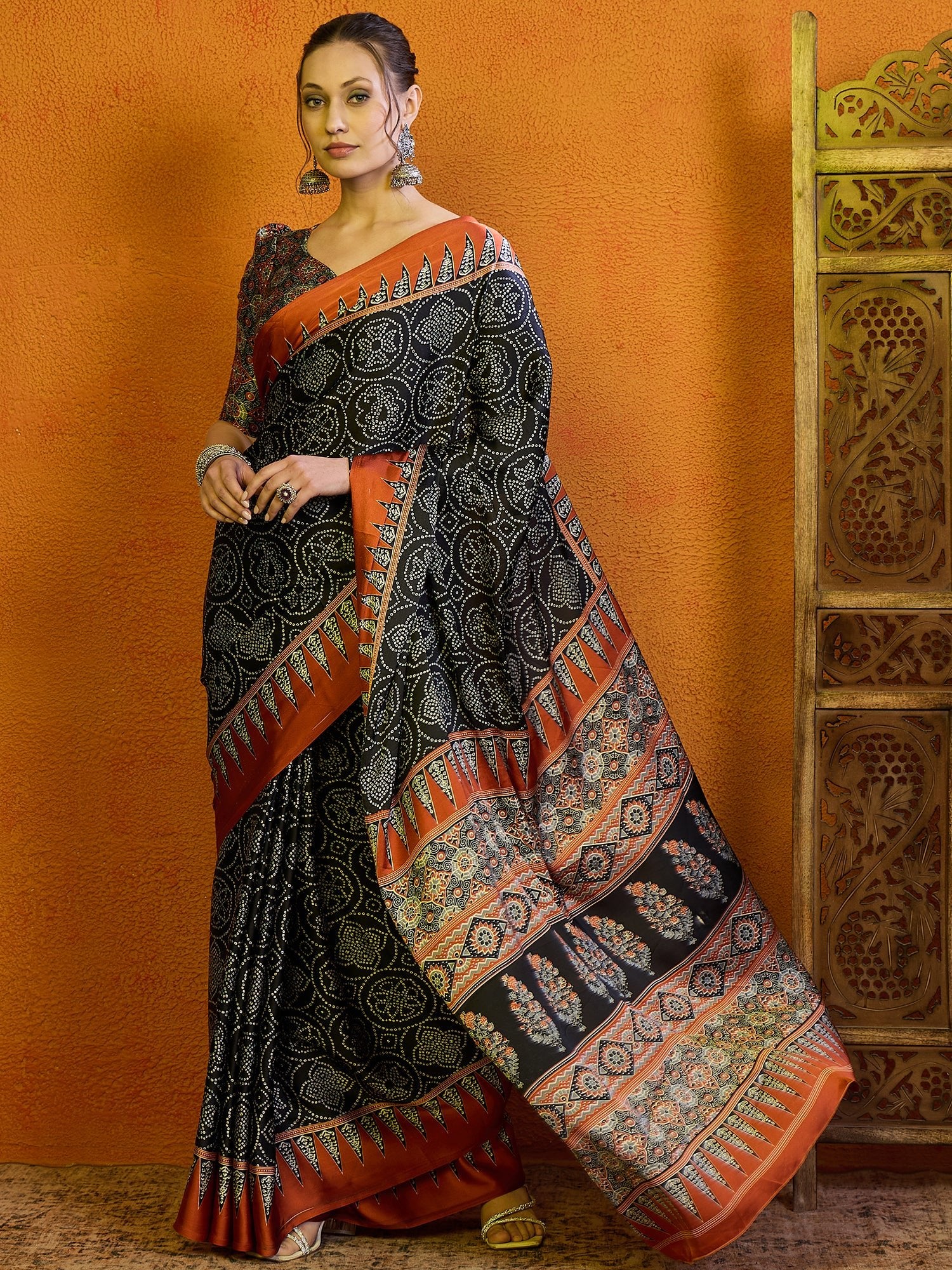 Black Ajrakh Print Silk Saree - Ressa